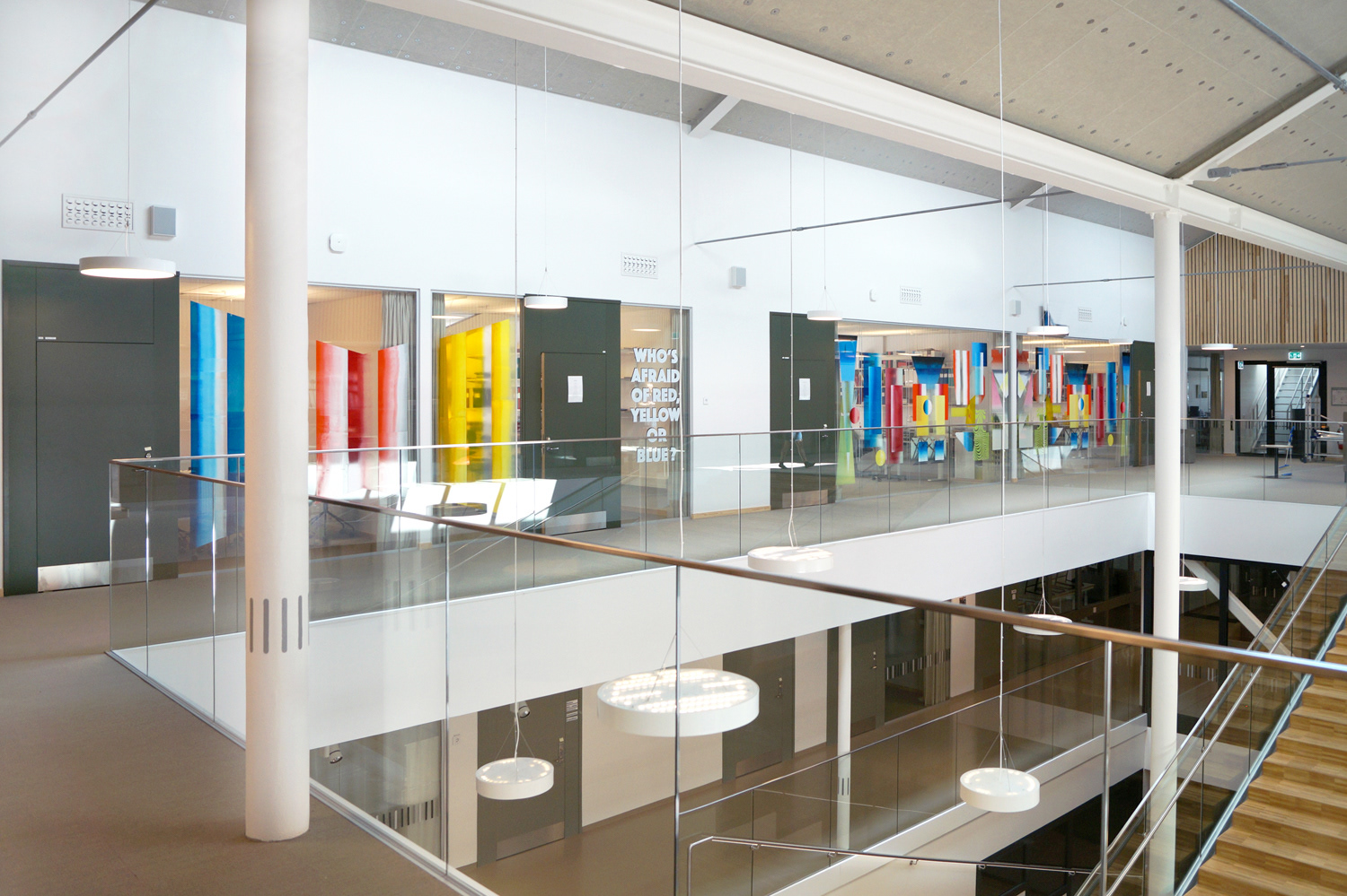 Who's afraid of red, yellow or blue ?, public art, screen-print on glass, 1500 x 270 cm, 2019, Adolfsbergsskolan, Knivsta, Sweden