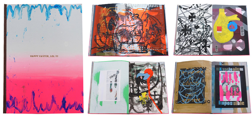 Happy Easter, LOL !!!, collab, with Manuel Ocampo, silkscreen and paint on paper, hard bound, 46 x 33 cm, 32 pages, 2016. Collection: Stanford University, USA