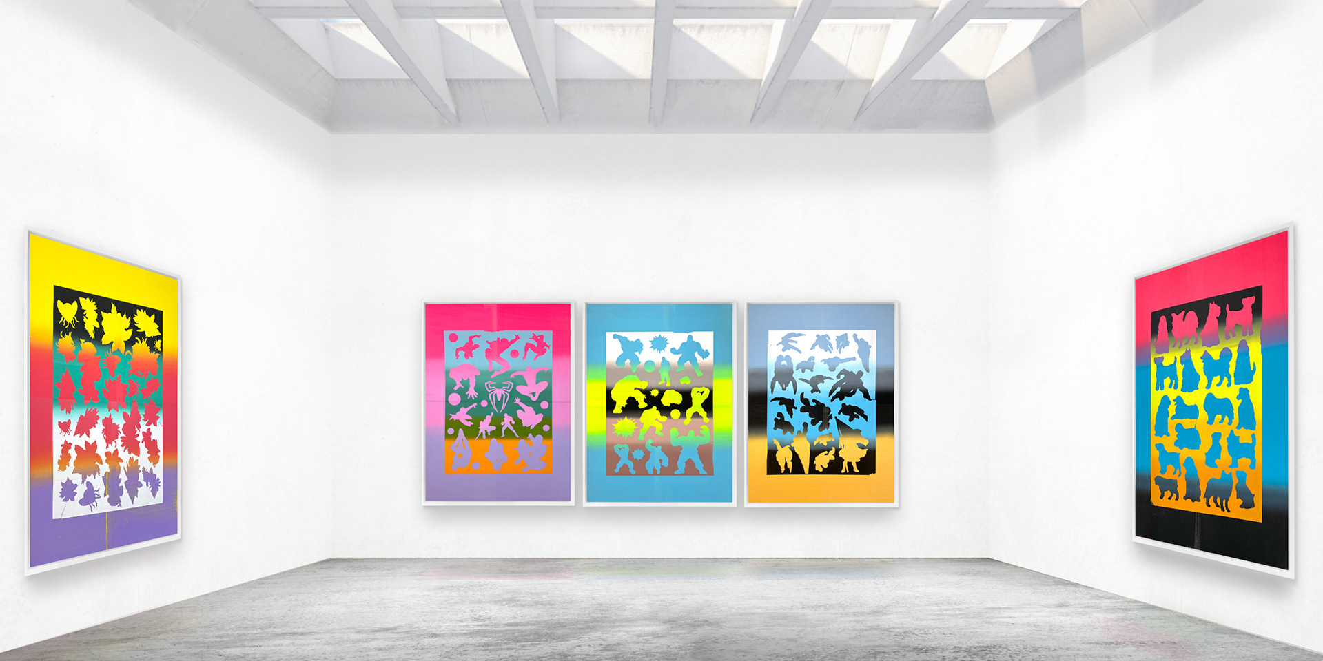 Die Gesellschaft des Spektakels 01-05, 115 x 155 cm, screen-print on wood, 2020