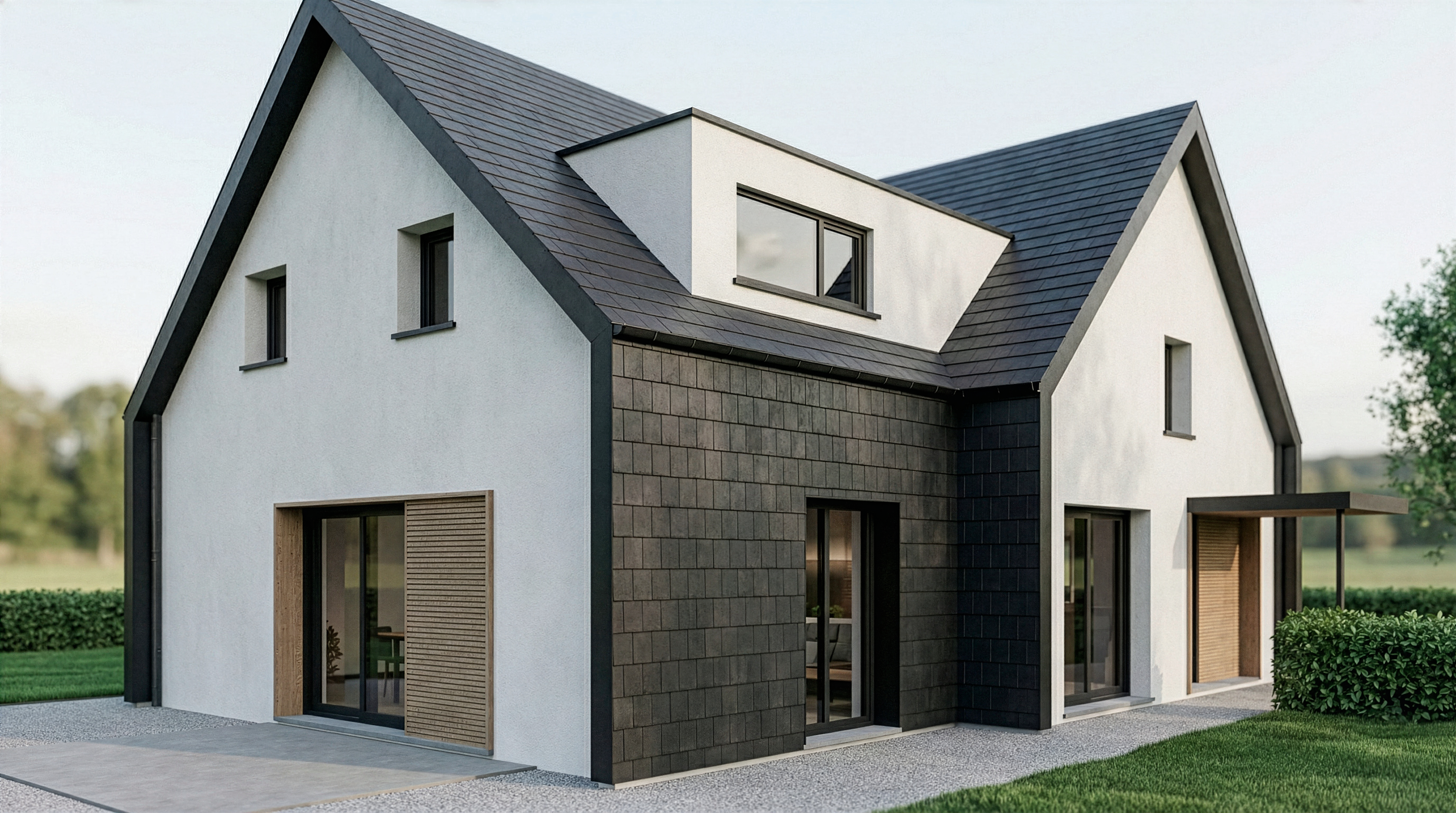 Vue arrière de la maison rénovée avec façades en tuiles anthracite, pignons enduits blancs et ouvertures existantes conservées.