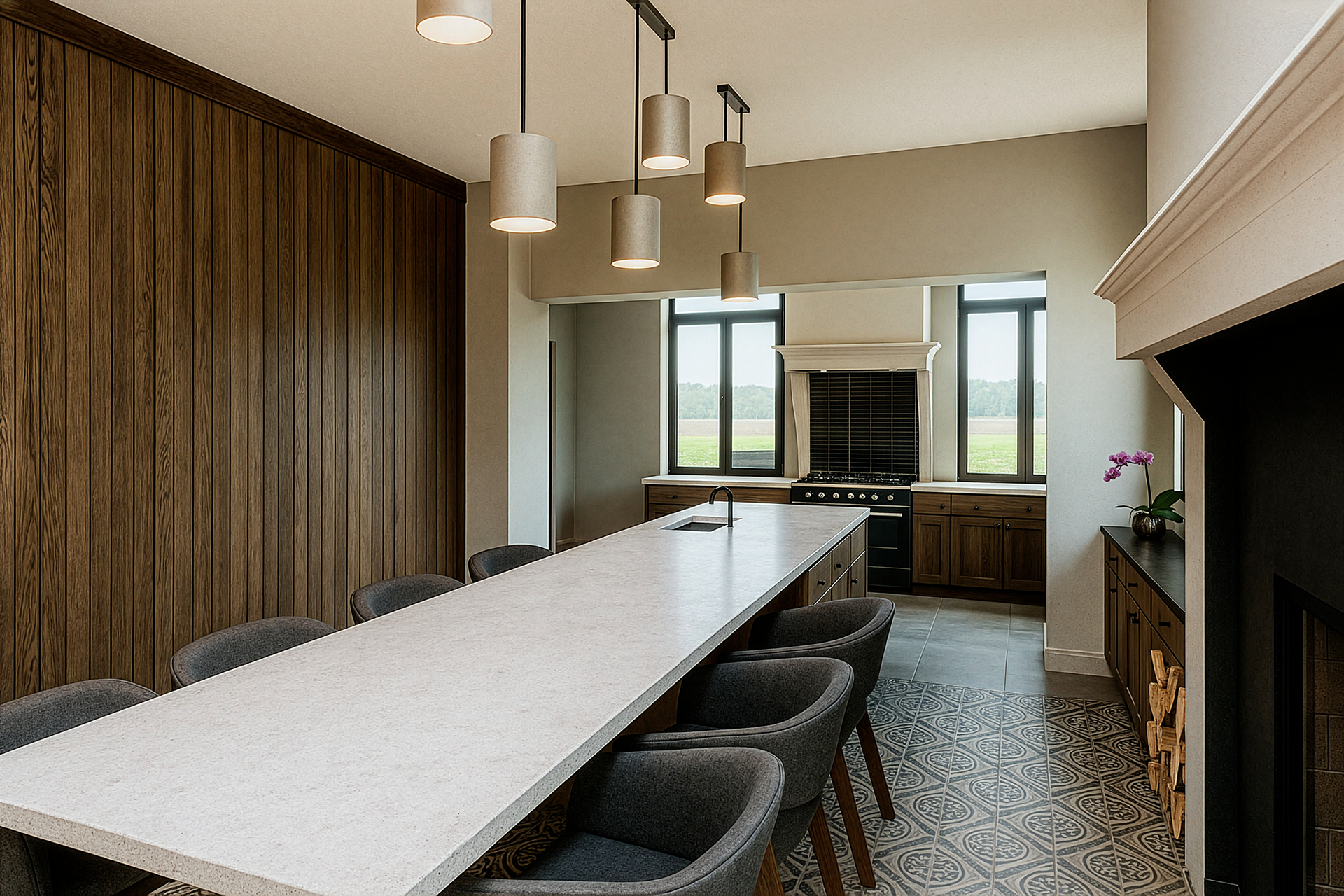 Cuisine avec îlot central et espace repas intégré