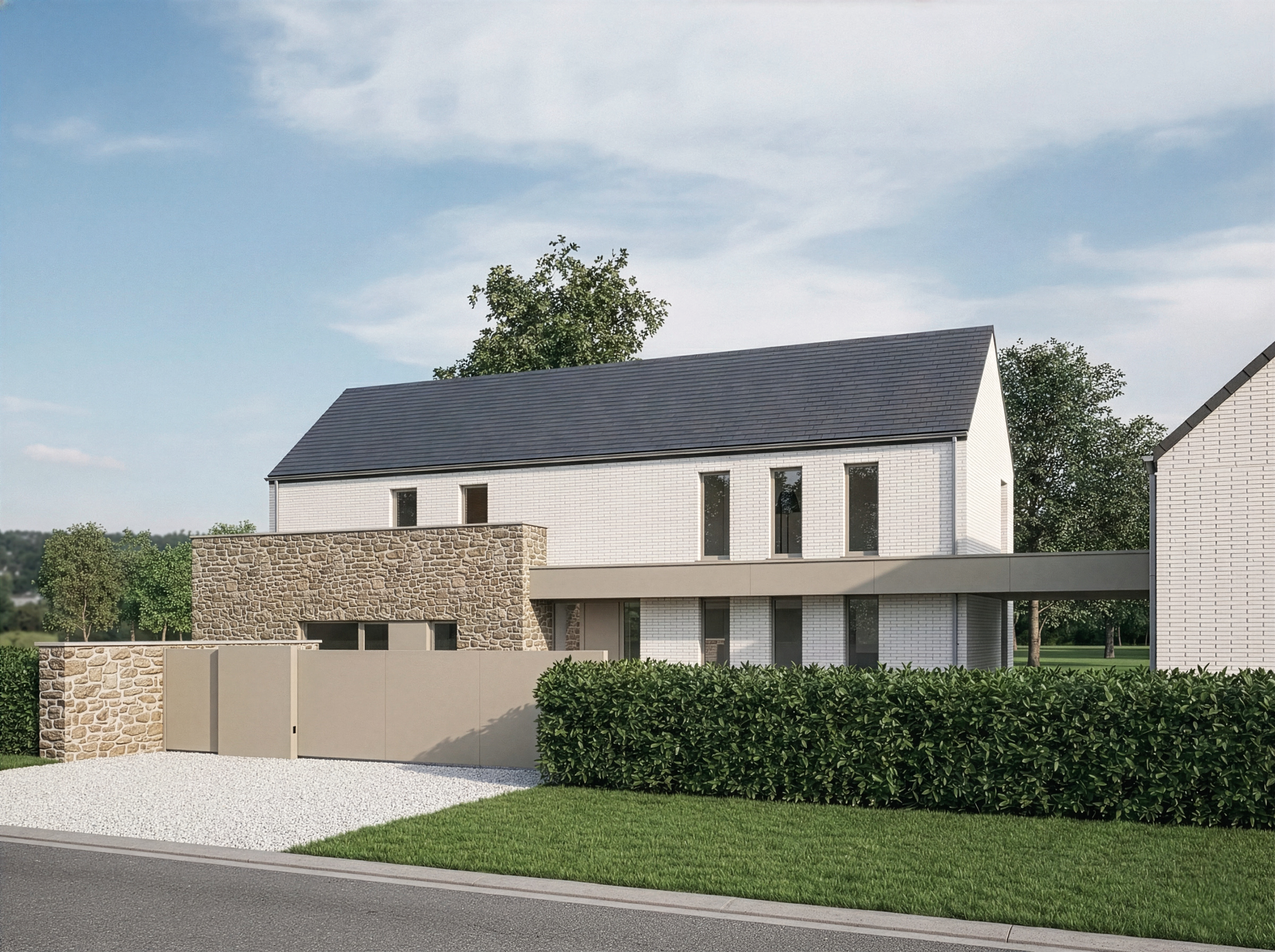 Construction neuve d’habitation avec façade en brique blanche et pierre locale