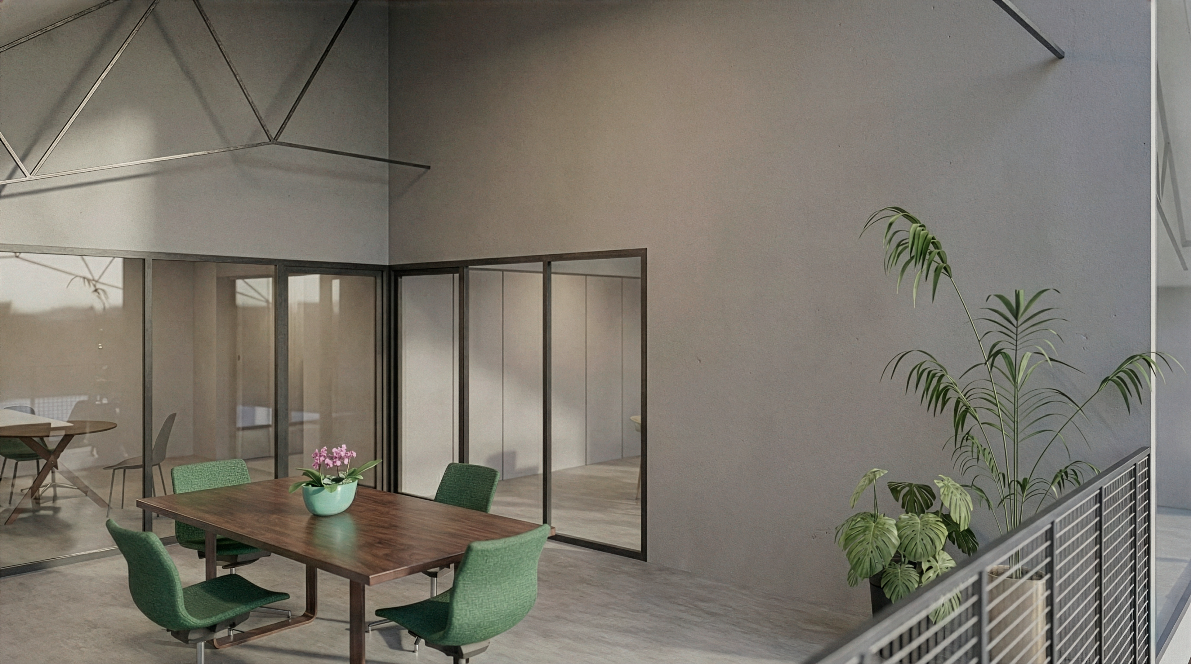 Salle de réunion en mezzanine avec cloisons vitrées dans le commerce