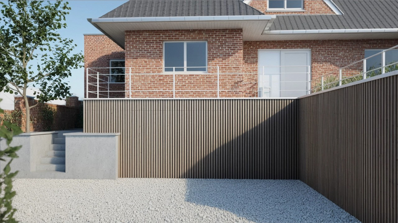 Socle en bardage bois avec escalier en béton et murs de soutènement