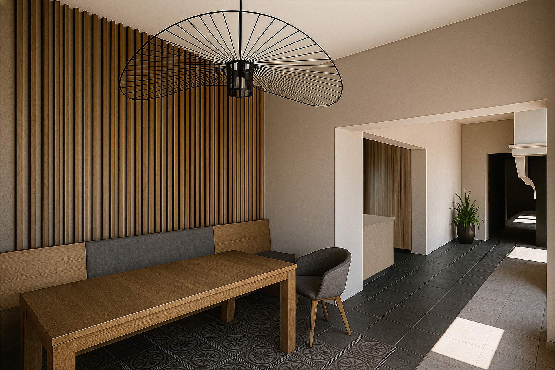 Espace repas avec banquette et claustra bois