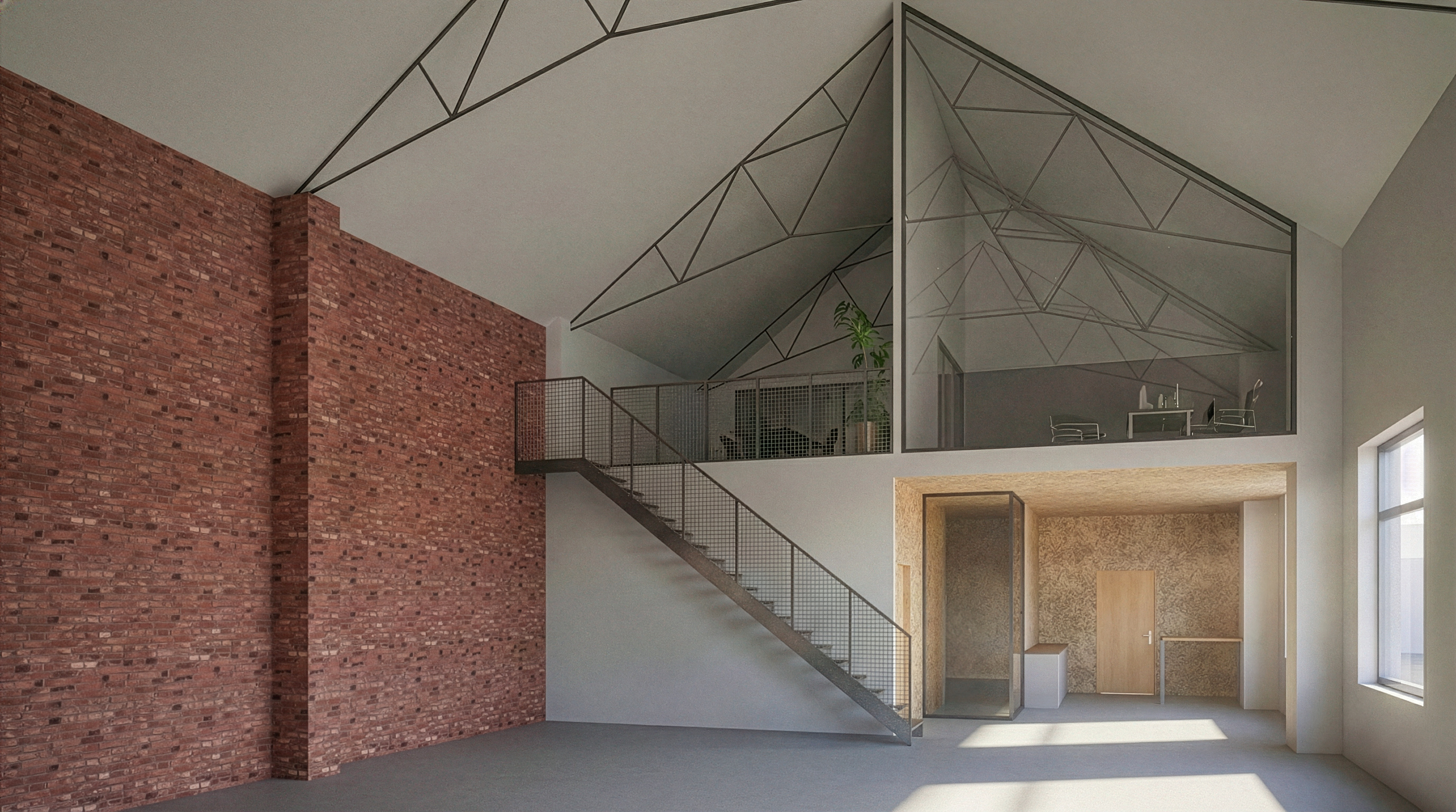 Intérieur du commerce en double hauteur avec structure métallique apparente