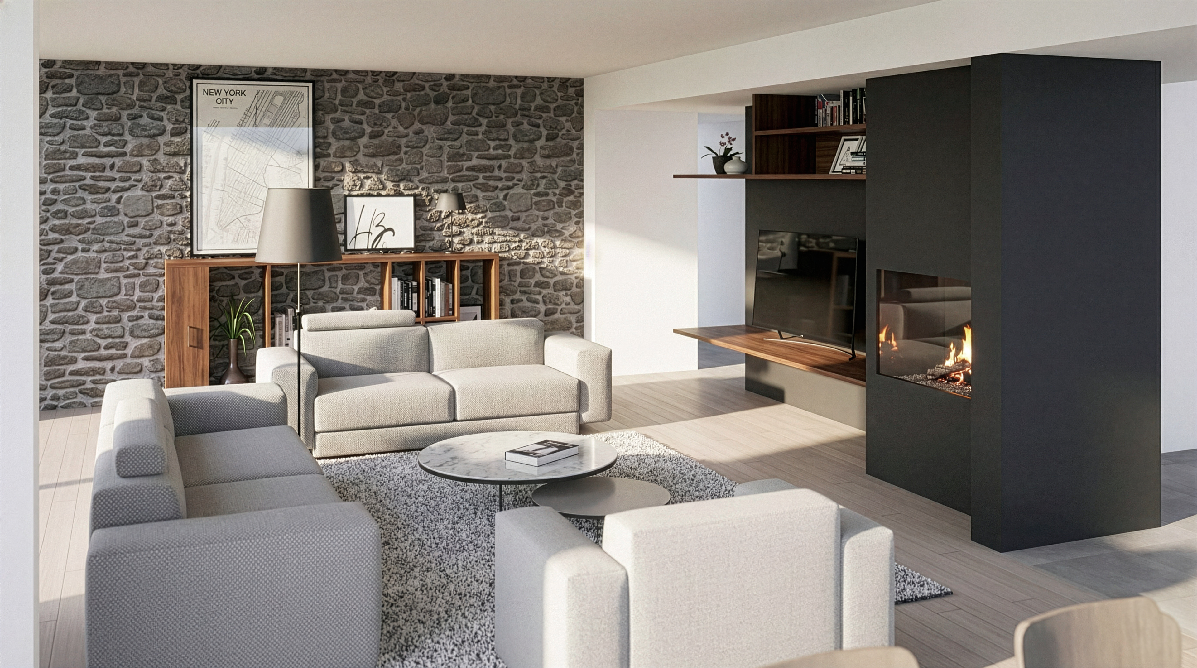 Séjour avec mur en pierre et cheminée intégrée