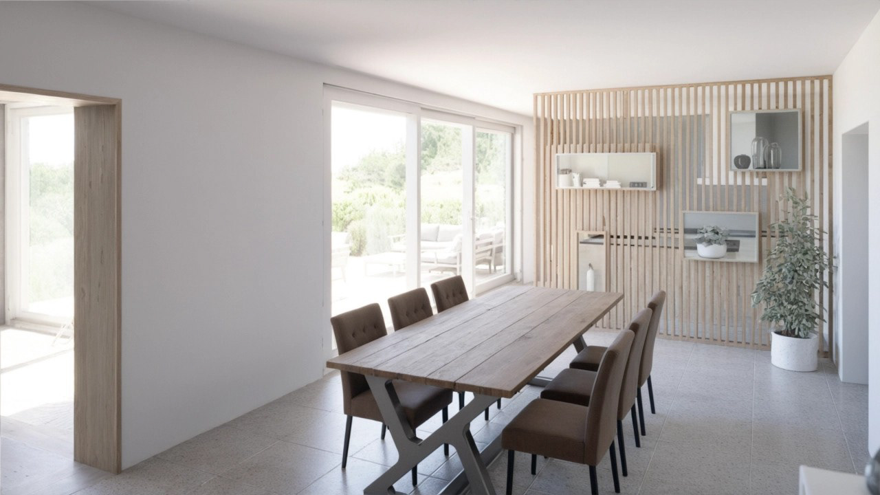 Salle à manger avec claustra bois et ouverture sur la terrasse