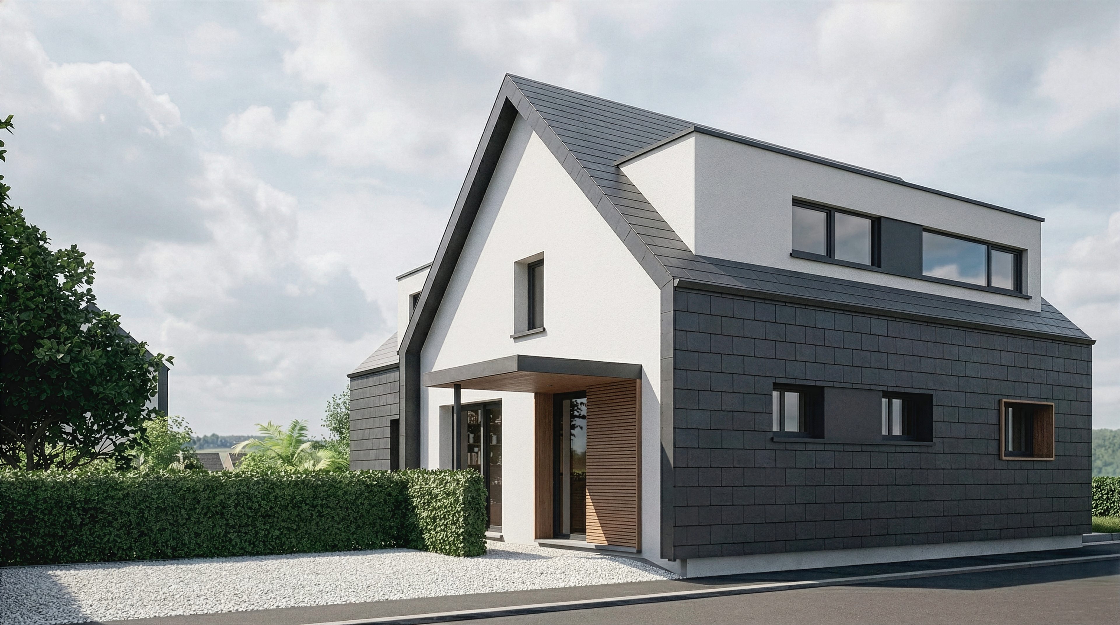 Maison individuelle rénovée avec façades en tuiles anthracite, pignons enduits blancs et entrée couverte en bois.