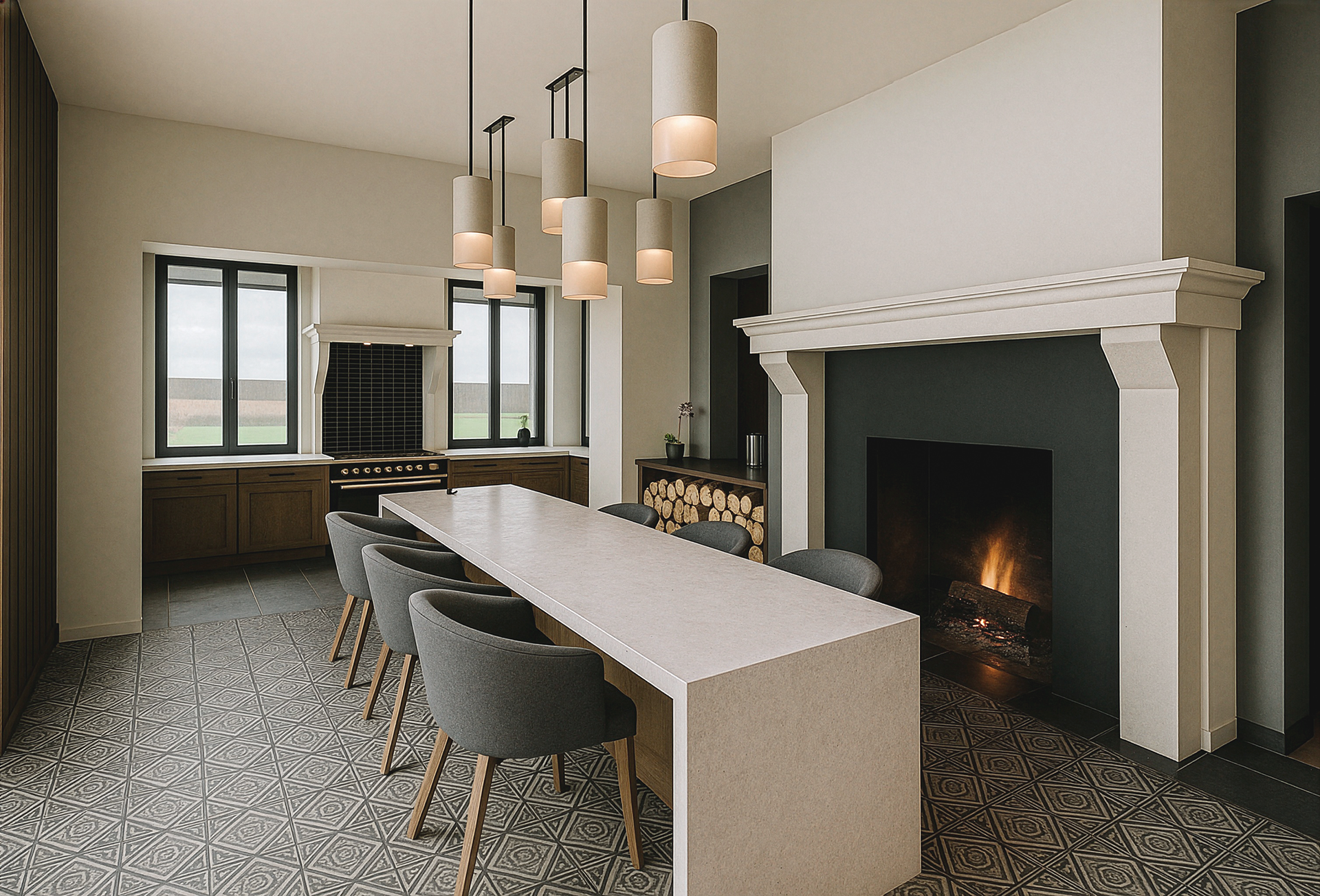 Cuisine avec îlot central et cheminée intégrée