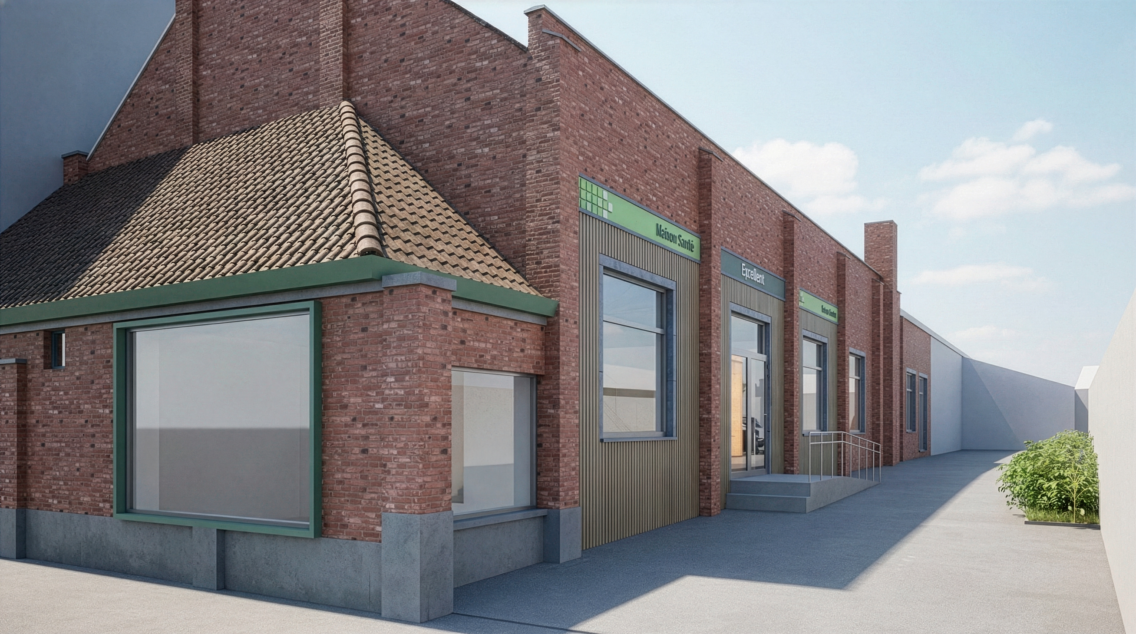 Façade du commerce rénovée avec brique apparente et entrée en bardage bois