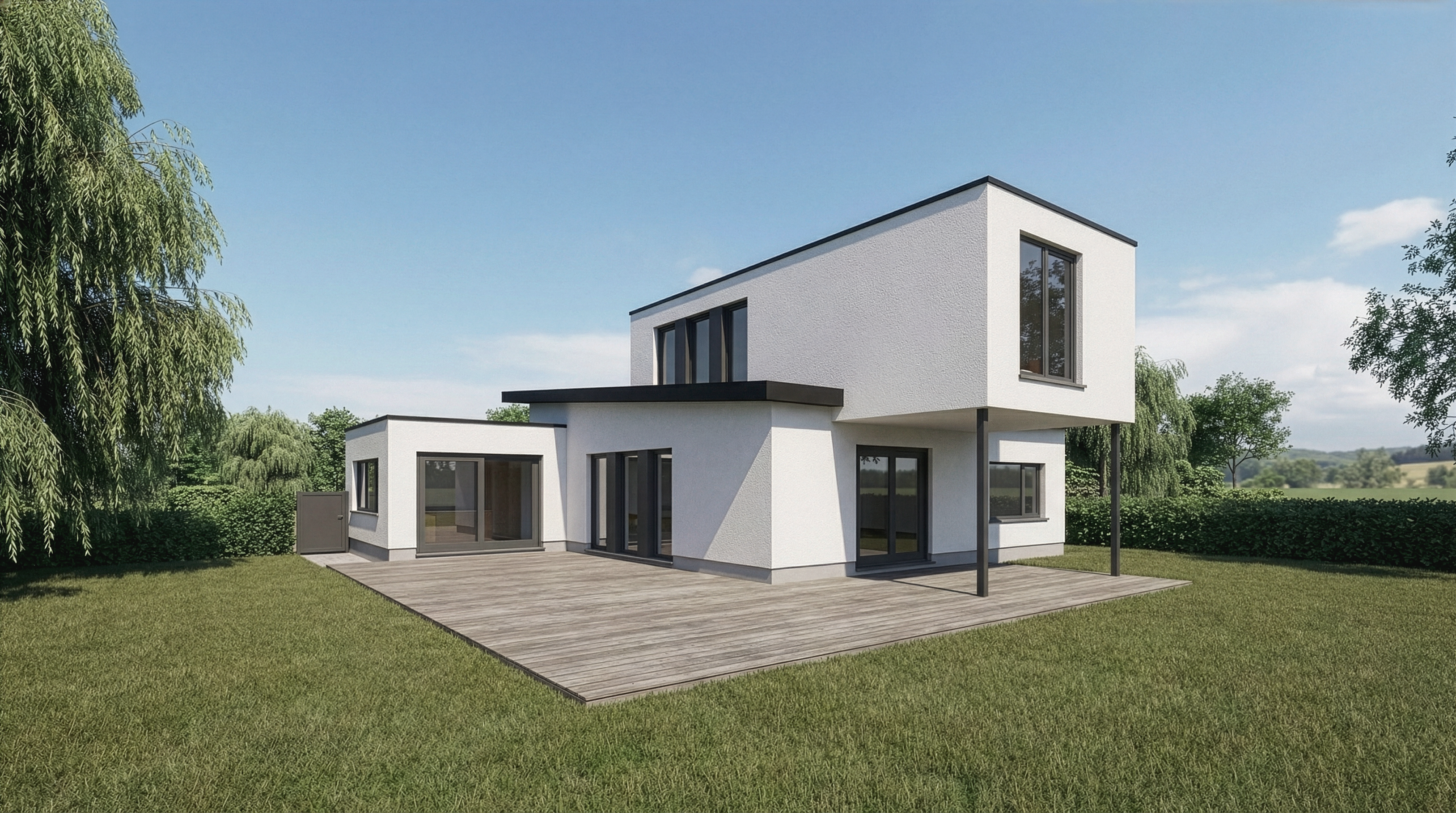 Façade sur jardin avec extensions en toiture plate