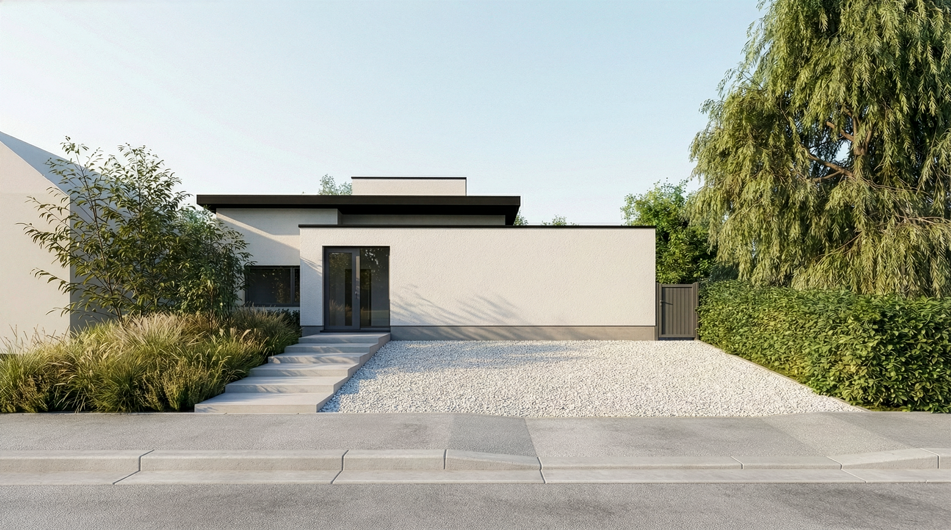 Façade sur rue avec extension en toiture plate