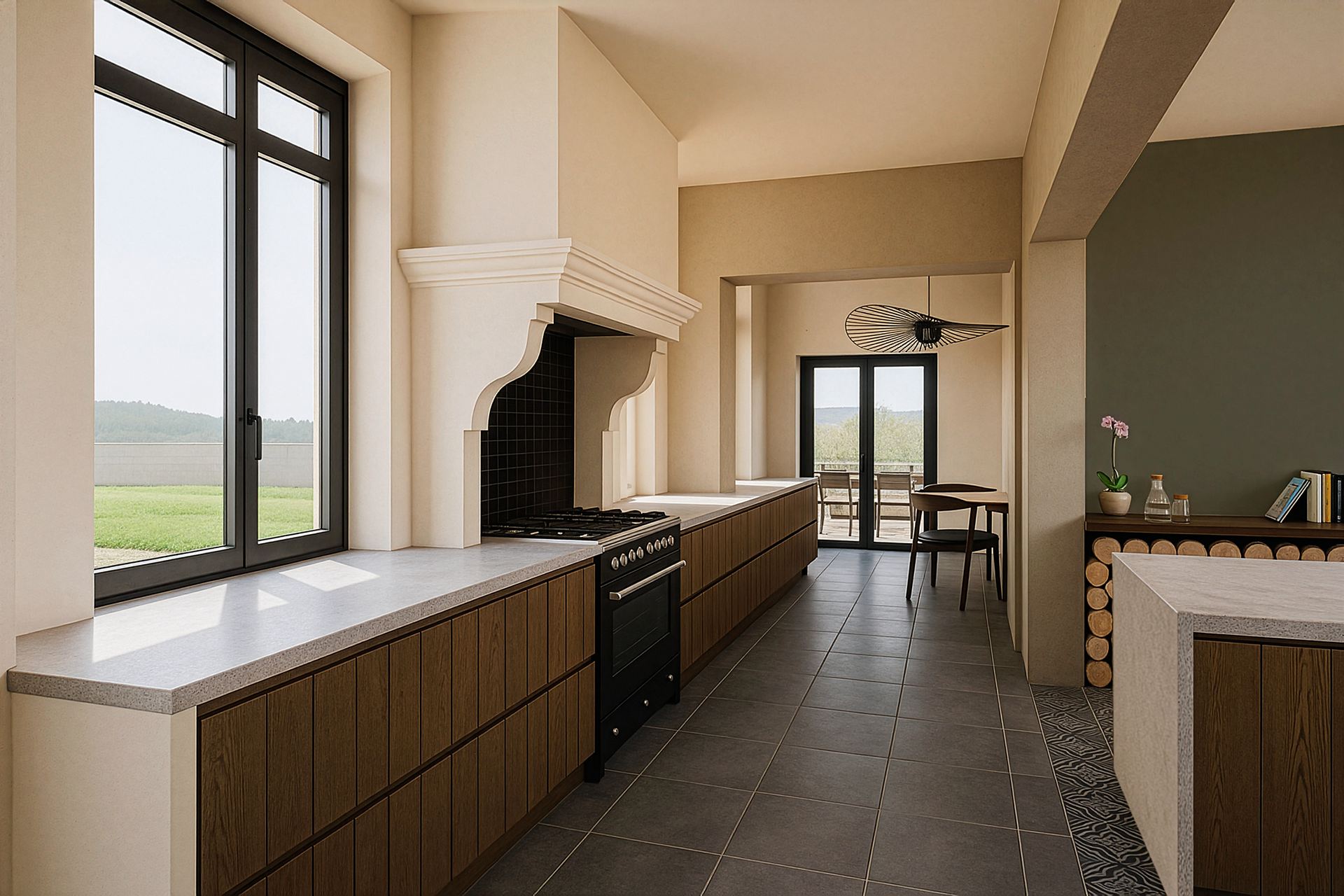 Cuisine avec linéaire de meubles et plan de travail en façade arrière