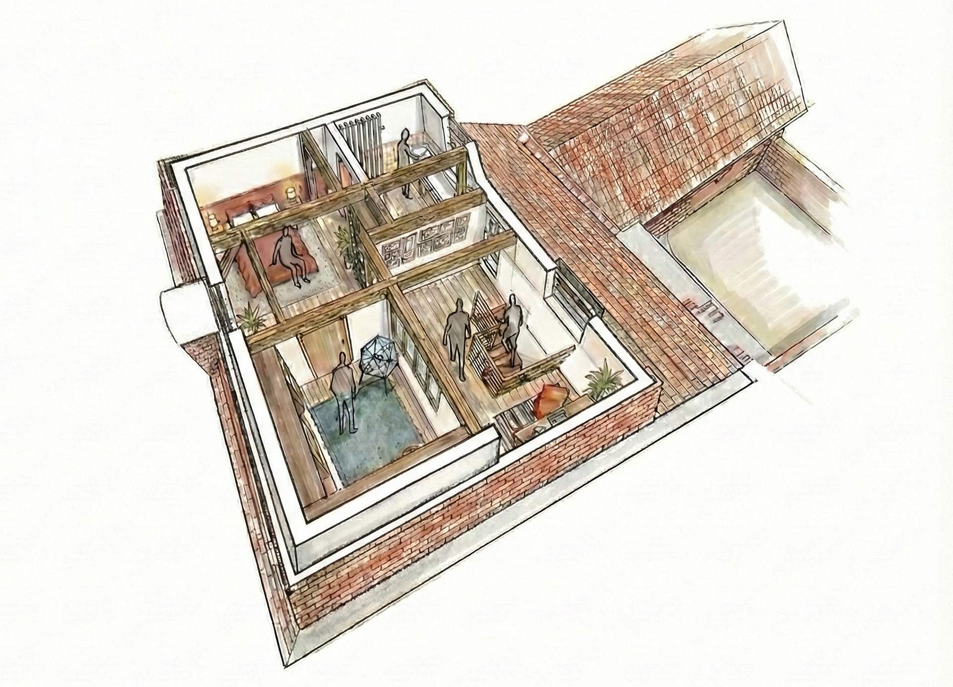 Croquis d’aménagement des combles montrant la suite parentale avec hall en double hauteur, chambre, dressing et salle de bain à Béthune