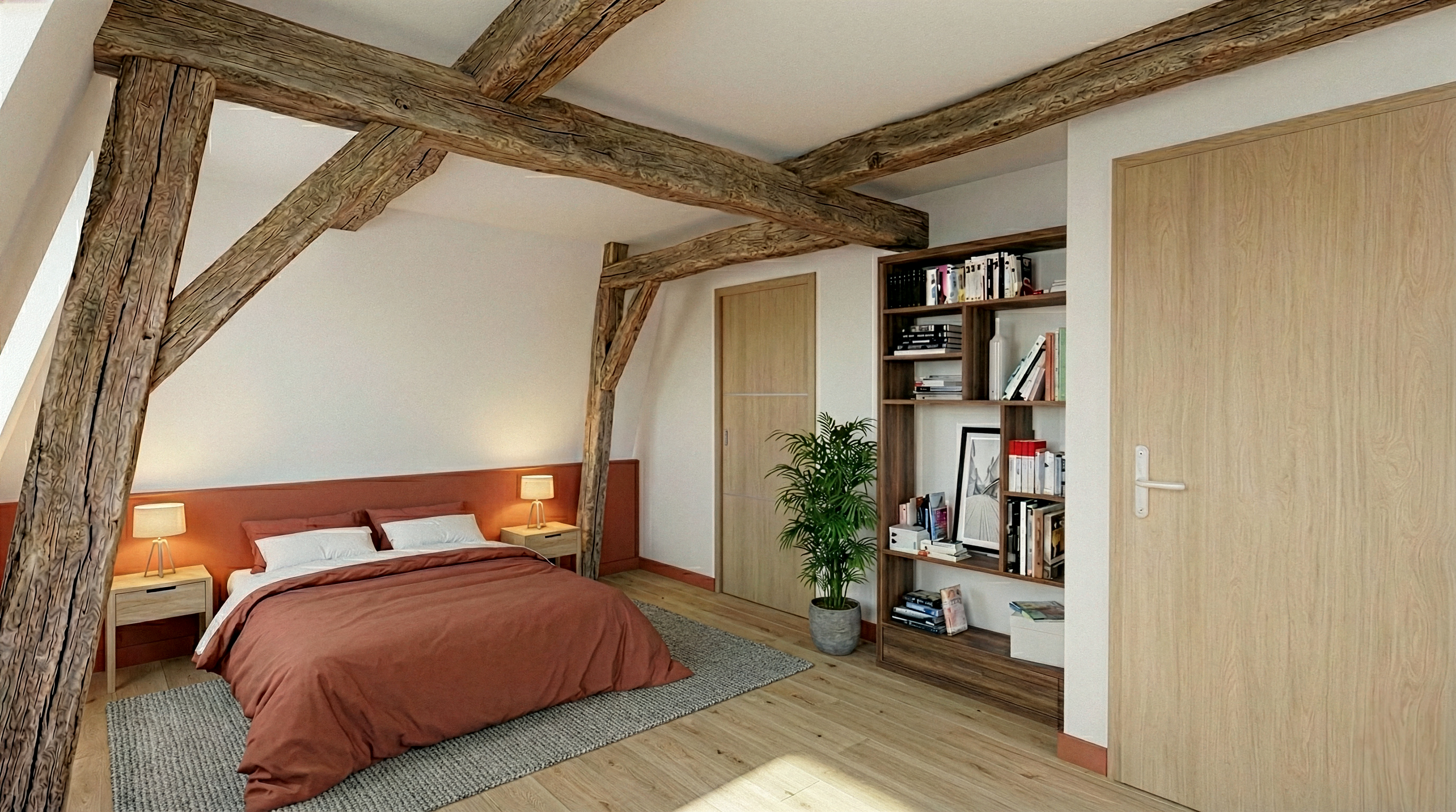 Chambre sous combles avec poutres apparentes