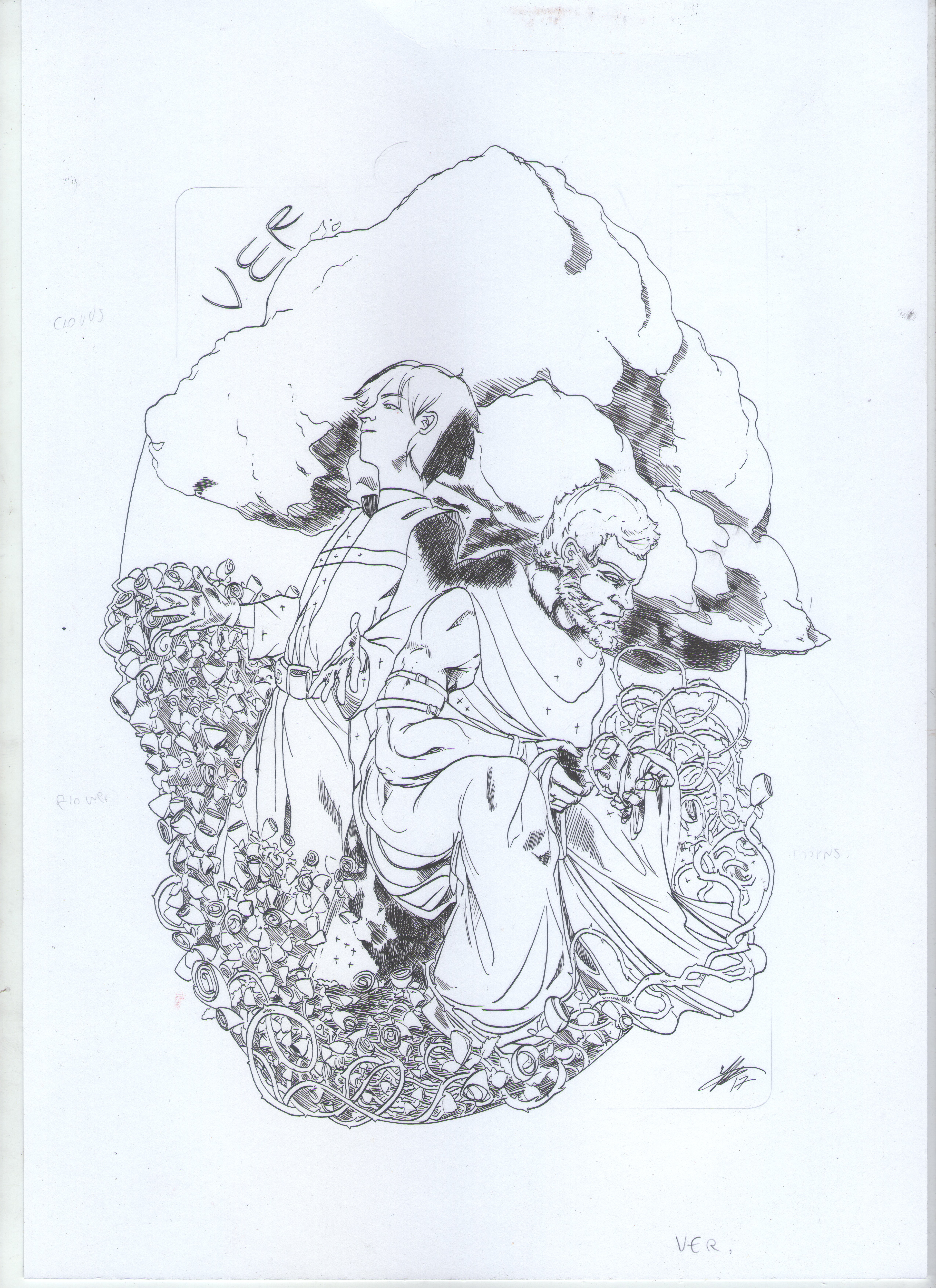 This is the line art for the first illustration meant for the credits of my graphic novel. "Ver" Spring, i just love this two.