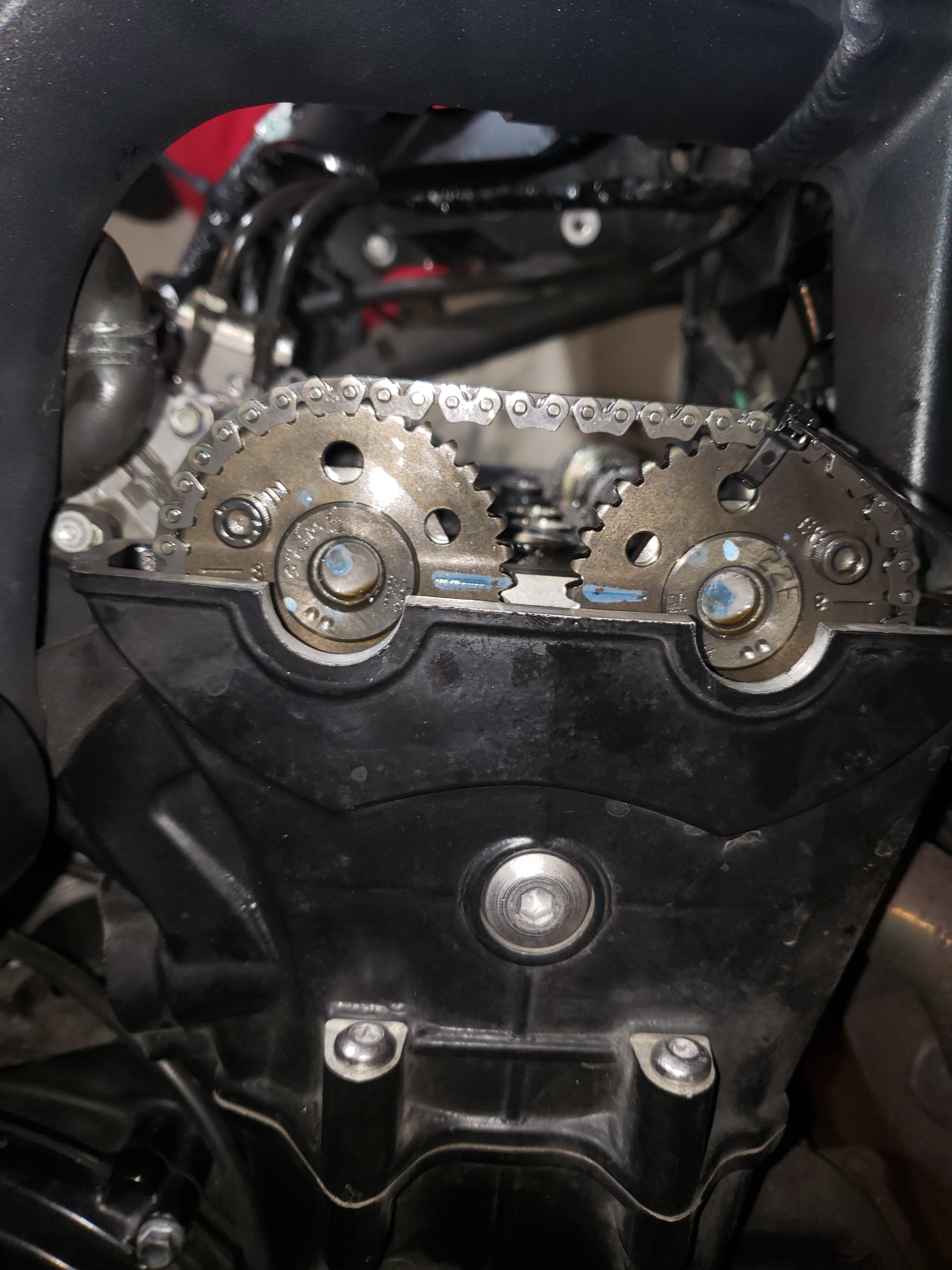 The camshaft gears have marks which must be aligned.