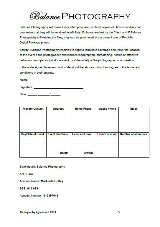 Photography Contract Pge 3. 
