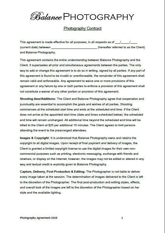 Photography Contract Pge 1. 