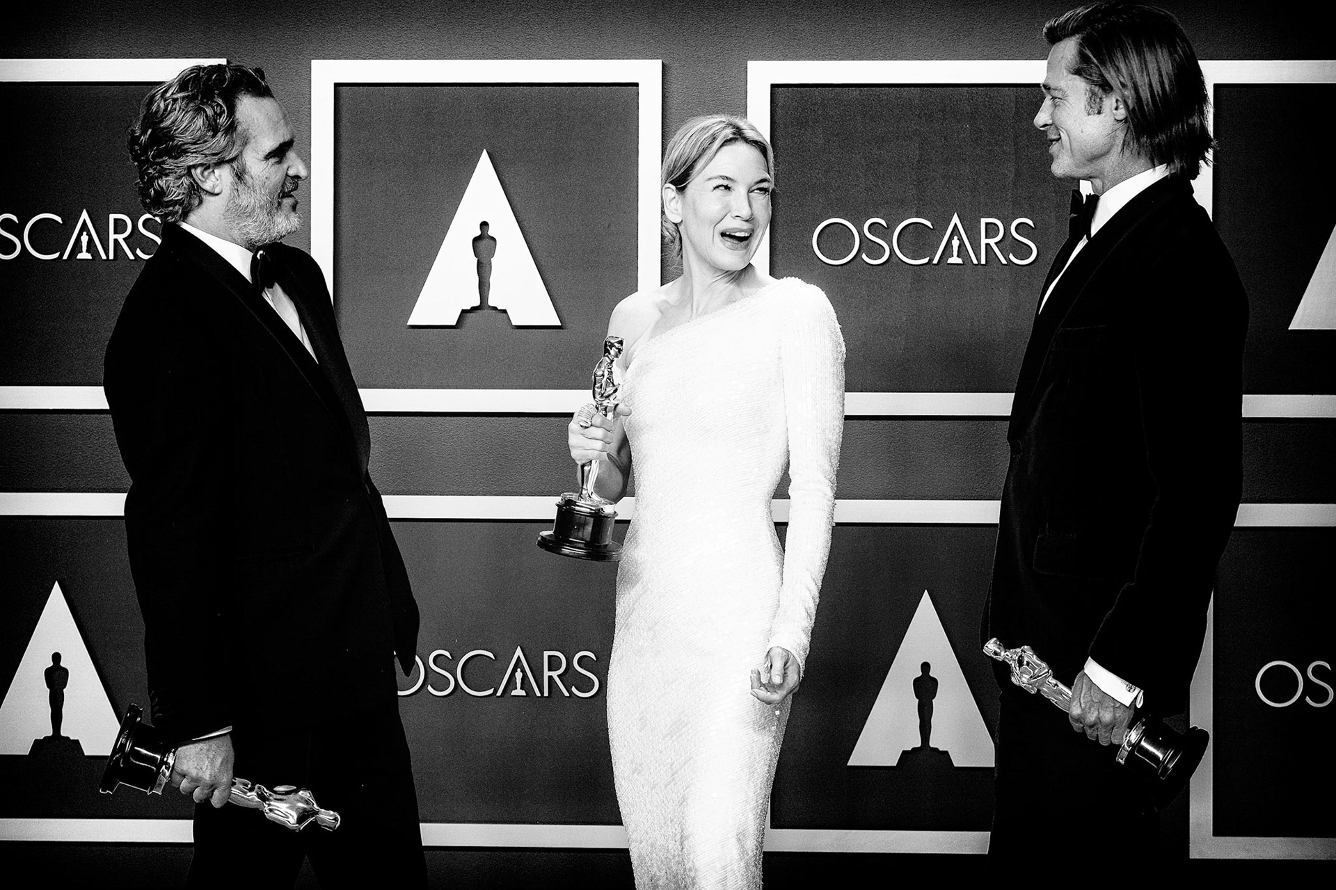 Joaquin Phoenix, Renée Zellwegerand Brad Pitt pose with their Oscars for during the 92nd Academy Awards, 2020 on Sunday 9 February 2020 at Dolby Theatre at the Hollywood &amp; Highland Center, Hollywood. . Editors Note: Image converted to monochrome. Picture by Julie Edwards/LFI/Avalon. All usages must be credited Julie Edwards/LFI/Avalon.