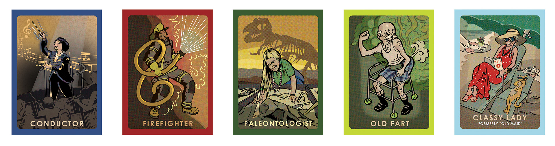 Series of illustrations for a reimagined "Old Maid" Card Game