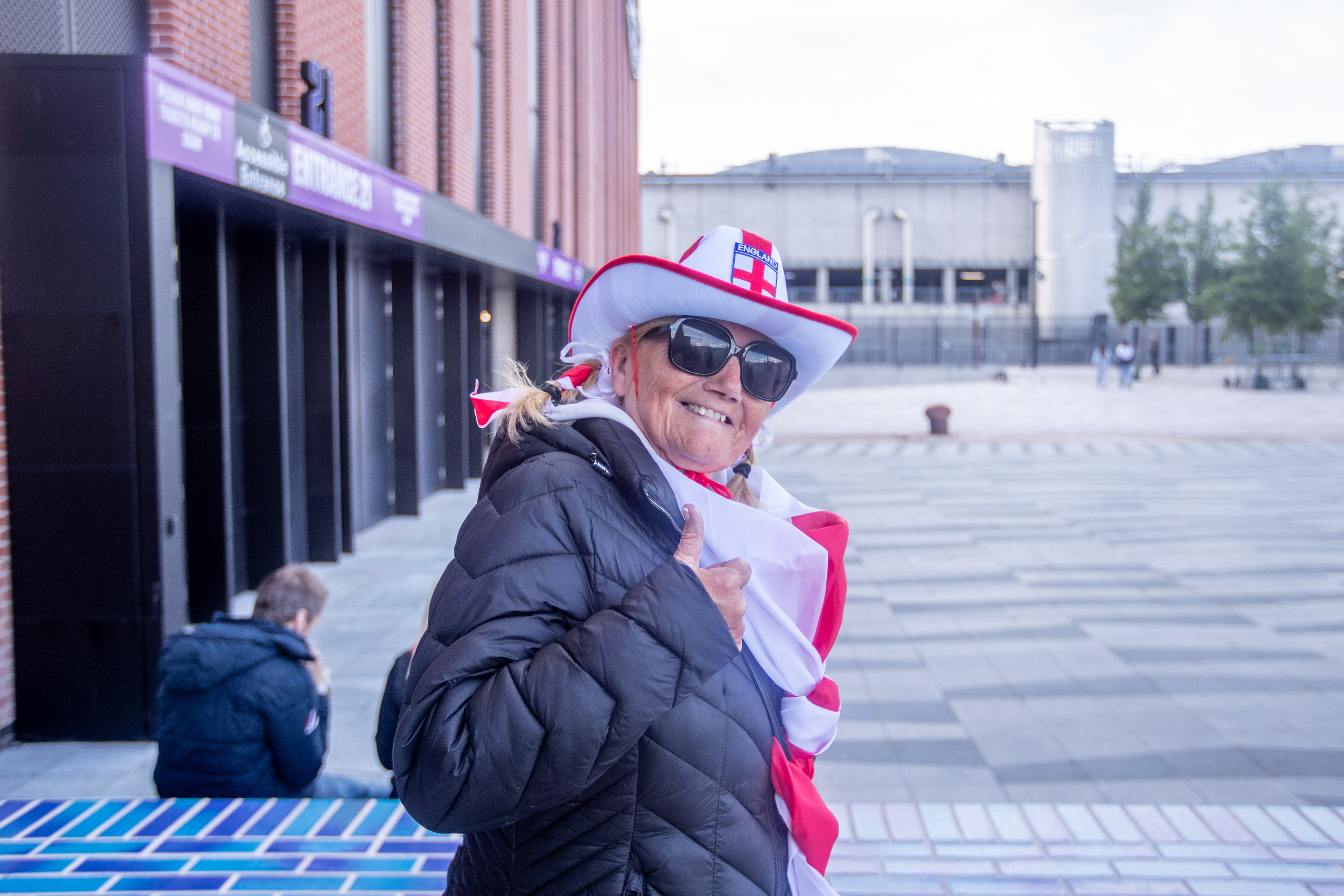 England fan posing outside Hill Dickinson Stadium in England accessories before Kick off  