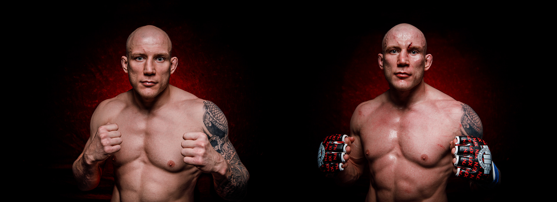 Portraits of MMA fighters right before and immediately after their fight