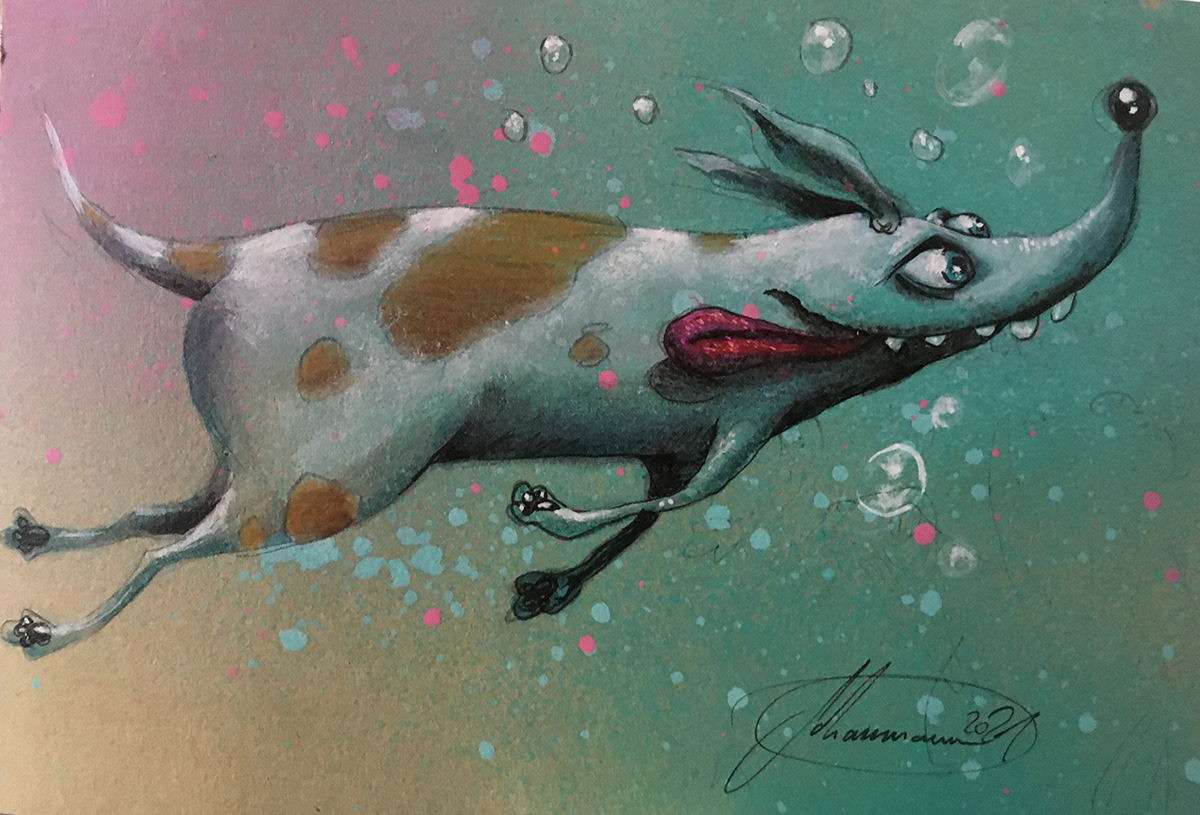 DivingDog // Acryl, Kreide auf Holz // A6