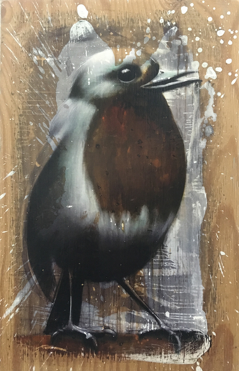 Rotkehlchen // Transferdruck, Acryl auf Holz