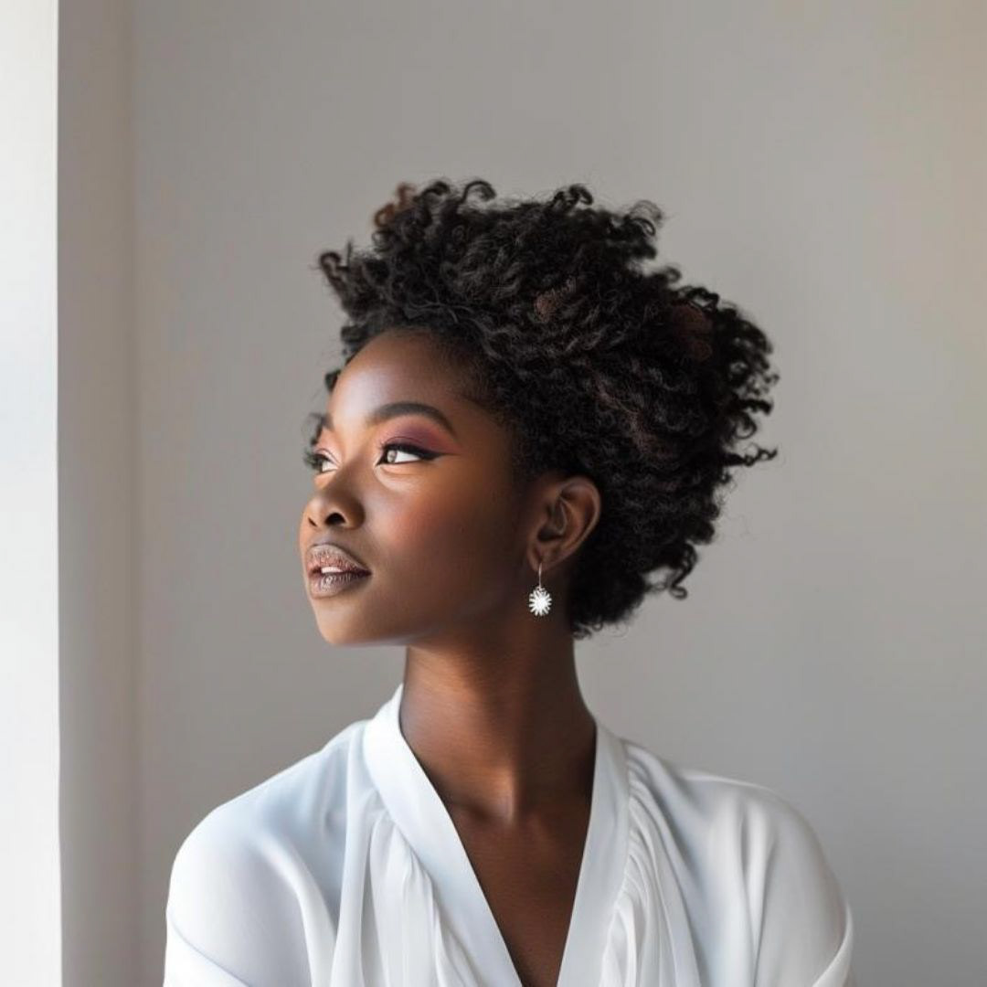 Create a simple lady on natural hair, looking outside the window, beauty, simple and clean, sophisticated, elegant mellow natural mood.