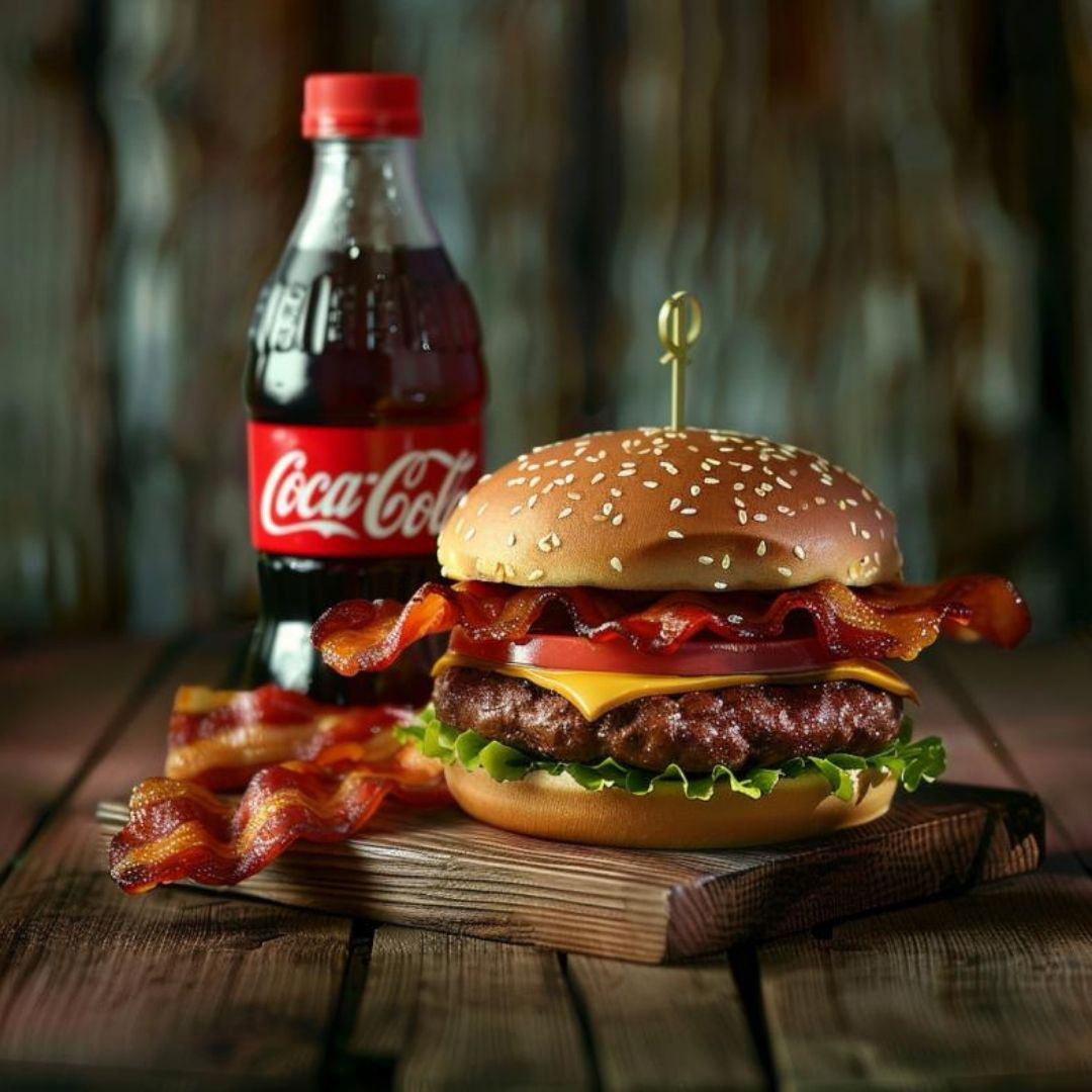 Create a 6d McDonalds hamburger with bright red bacon, a bottle of coca cola on the side, wooden platform, nice photography.