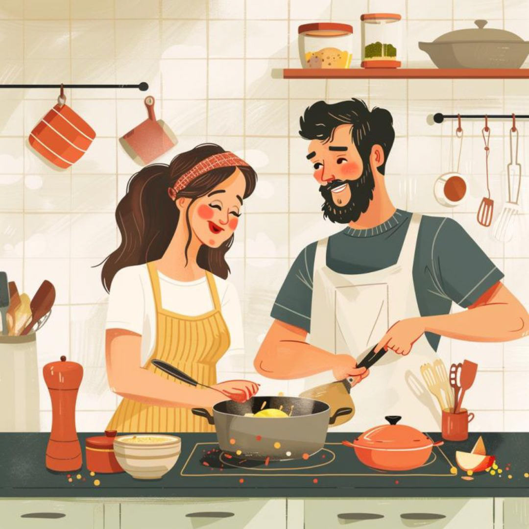 Create a cartoon image of happy couple cooking in minimalist kitchen with used pots and dishes piled up wide shot.
