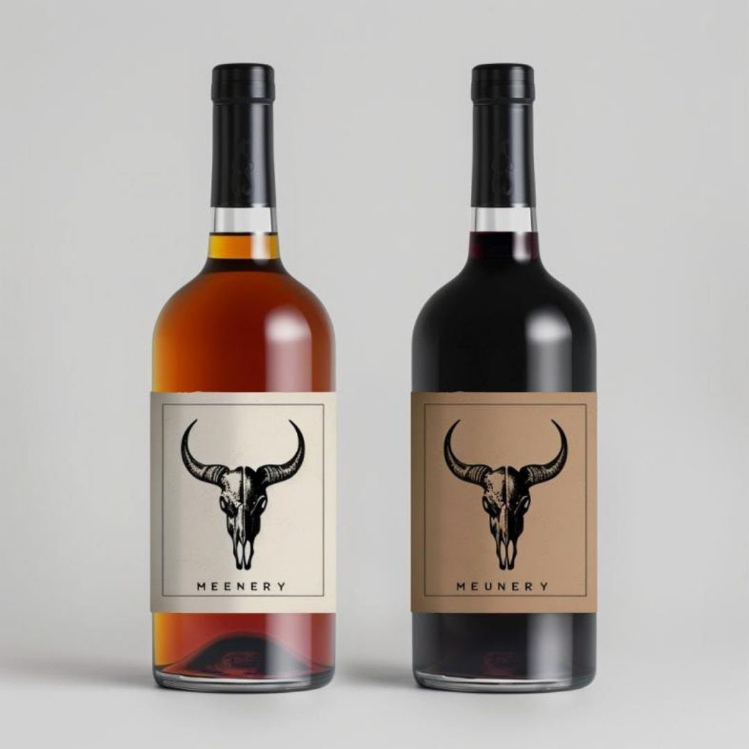 Create a two minimalist layouts for labels for handmade mead bottles. The Southern Meadery Company's visual identity is black and white and the logo is a minimalist ox skull silhouette with long horns. the logo needs to be just a small detail in the label. I need a layout with different colors available between the traditional mead label and the fruity mead label. Rustic and brutalist.