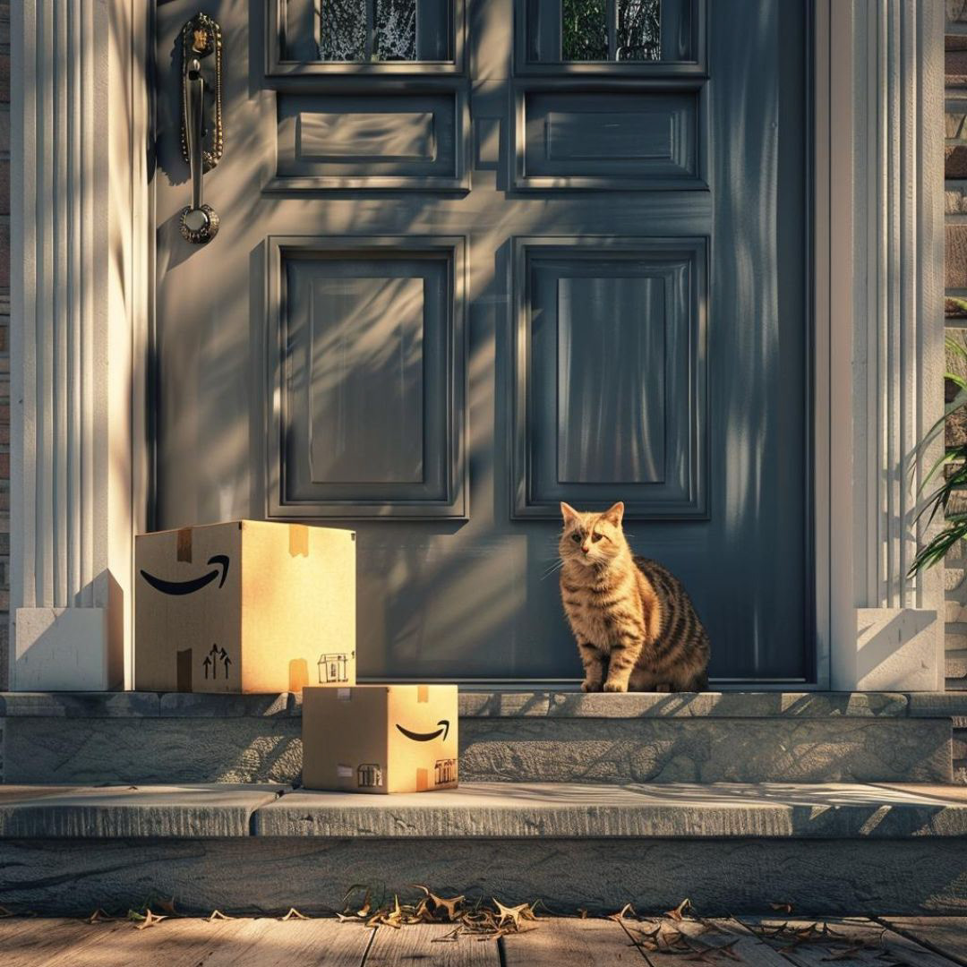 Create an amazon package in front of a house door with a cat beside it.
