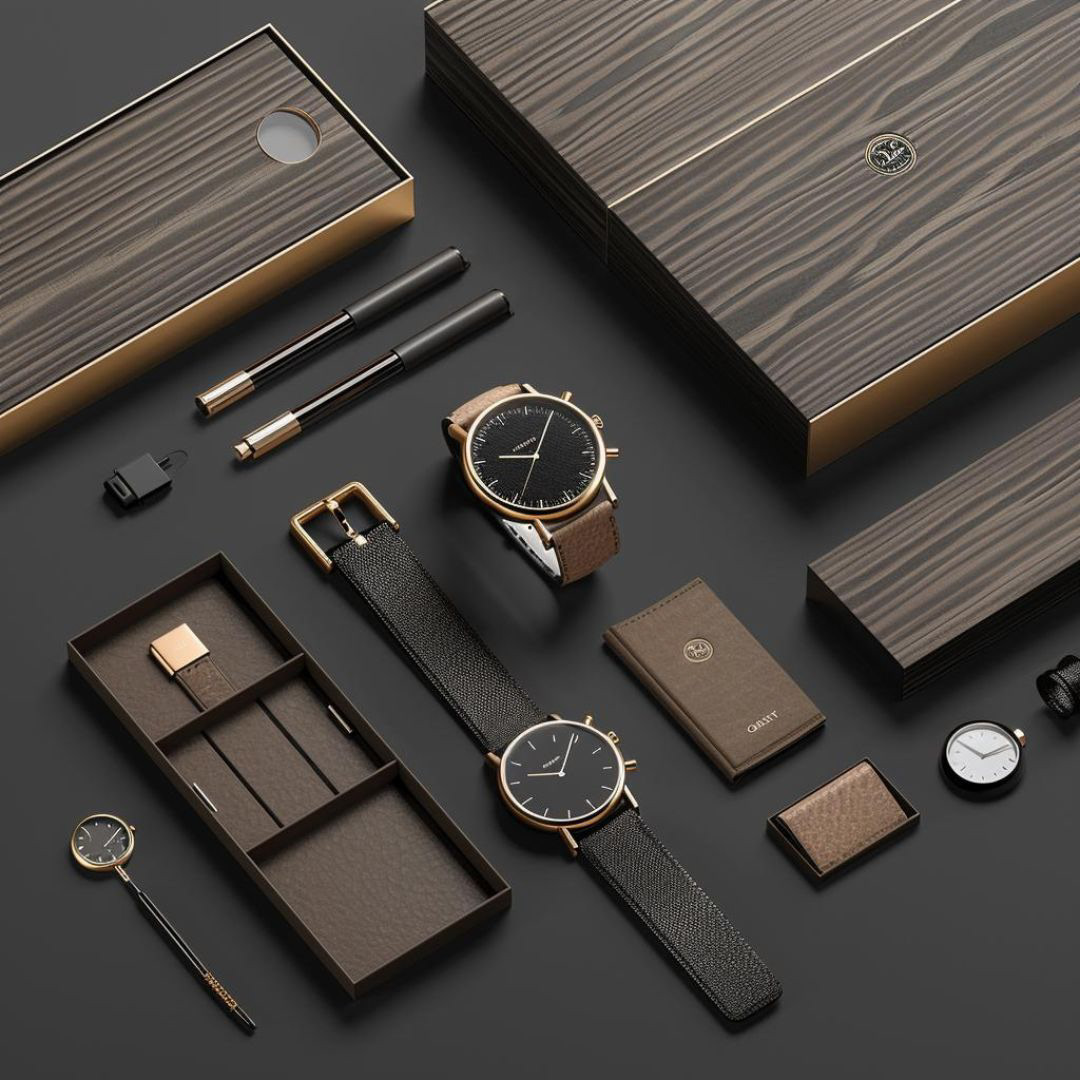 Create a realistic branding kit for a watch company, brown and black wooden tone.