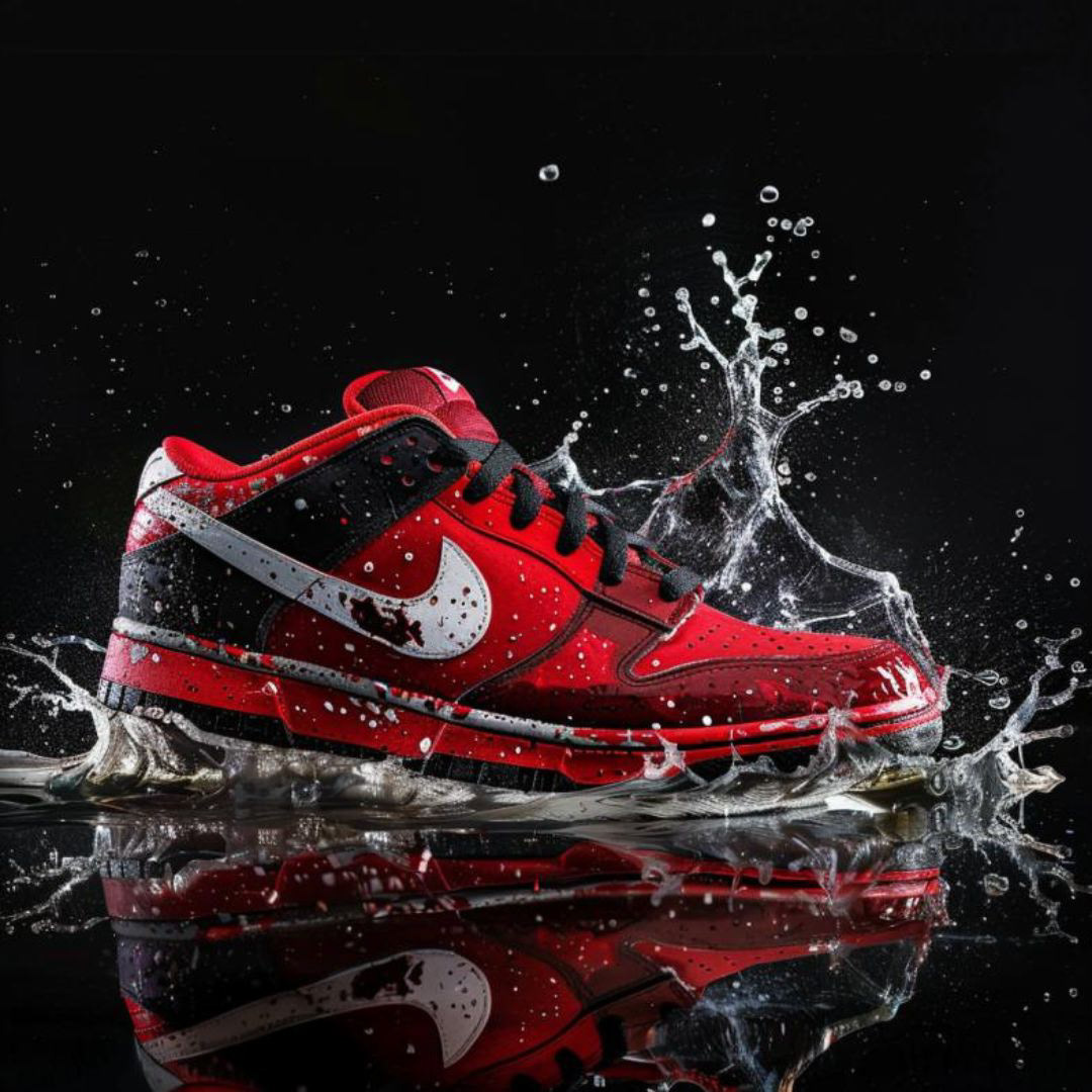 Create Nike shoes inspired by Coca Cola, with splashes of coke, cinema 300d, photography.