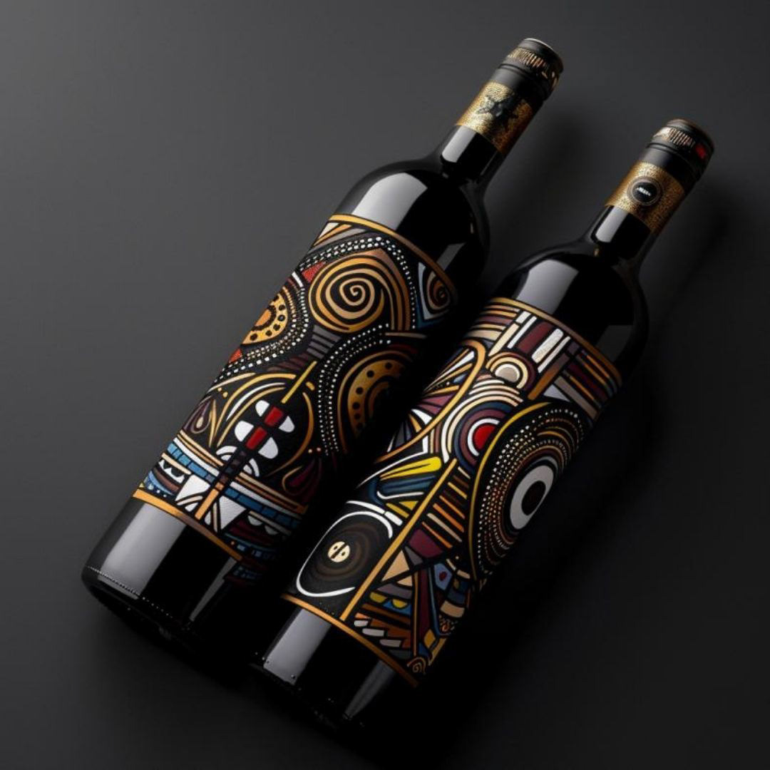Create a packaging design of a dark wine bottle, Ndebele art style, dark background, two bottles lying down.