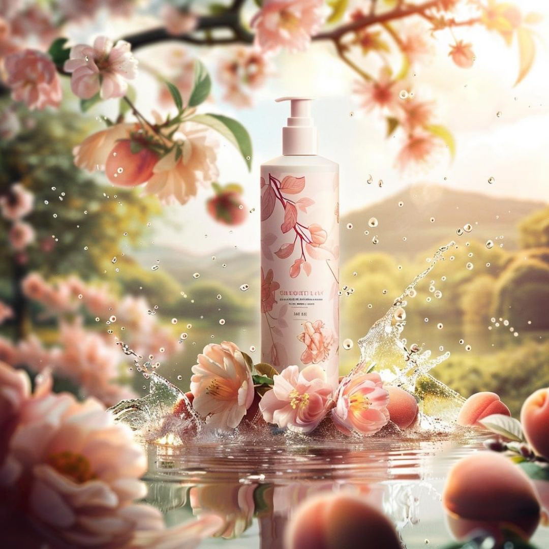 Create a bottle of brand shampoo is placed on the table, surrounded by peach blossoms and peaches in an outdoor environment with water droplets floating nearby. The background features a beautiful landscape, with sunlight shining through pink flowers onto the body cream packaging. It has exquisite details and high resolution, creating a warm atmosphere. This product poster showcases natural scenery and youthful vitality.