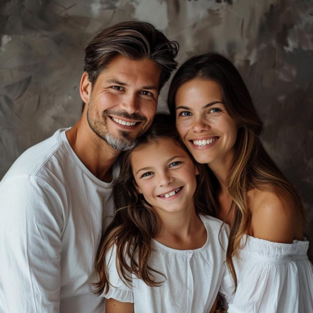 Create a family portrait, young parents with a 10-year-old child, European, smiling, real people, fashionable and charismatic, clean background, high quality, exquisite.