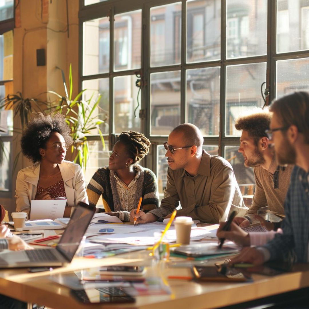 Create a realistic image of a diverse team of coworkers gathered around a table brainstorming ideas.