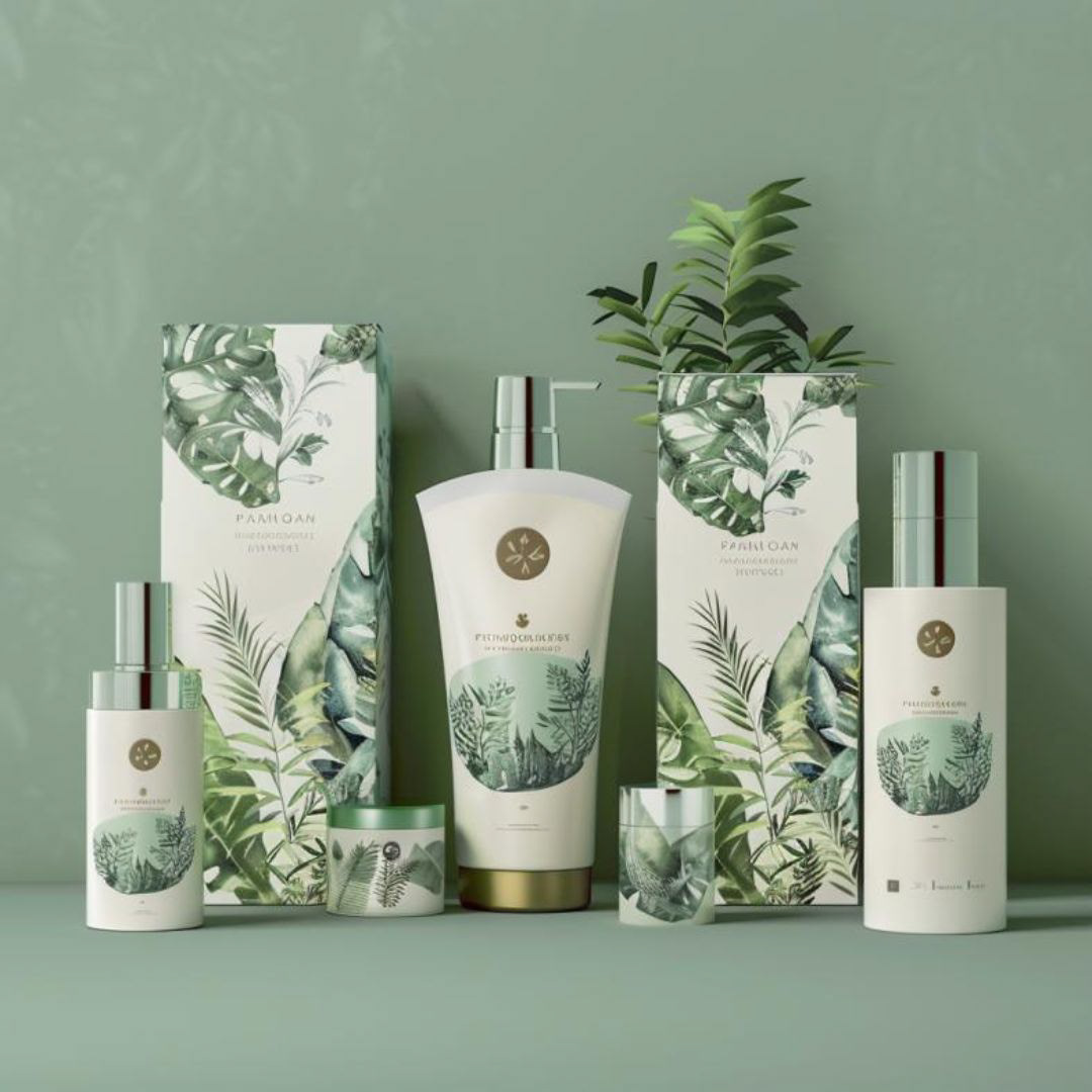 Create a realistic branding for a hair product company, light cream nature color, green leaves design