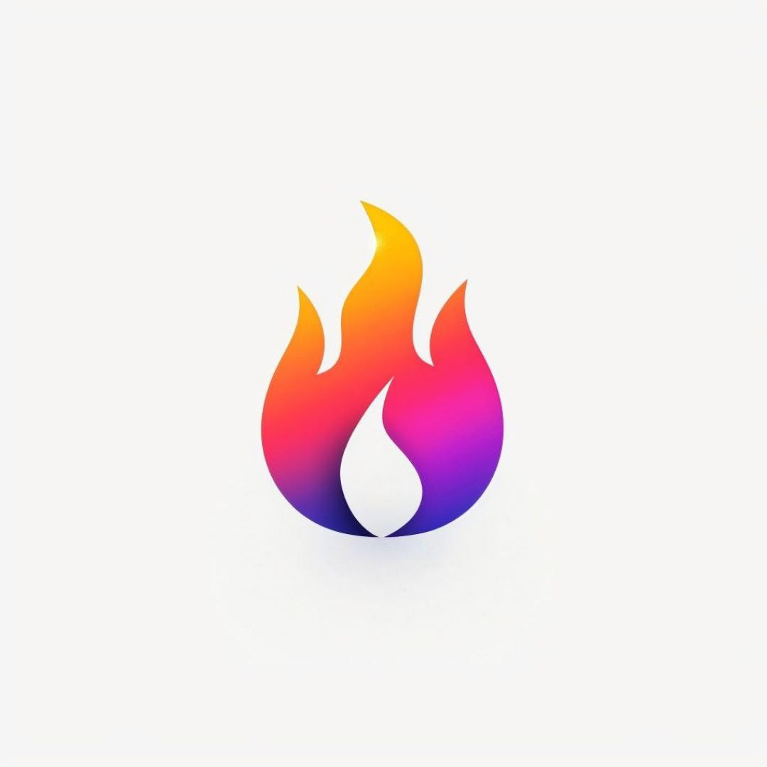 Create an iOS negative space mark logo, fire icon simple minimal, white background.