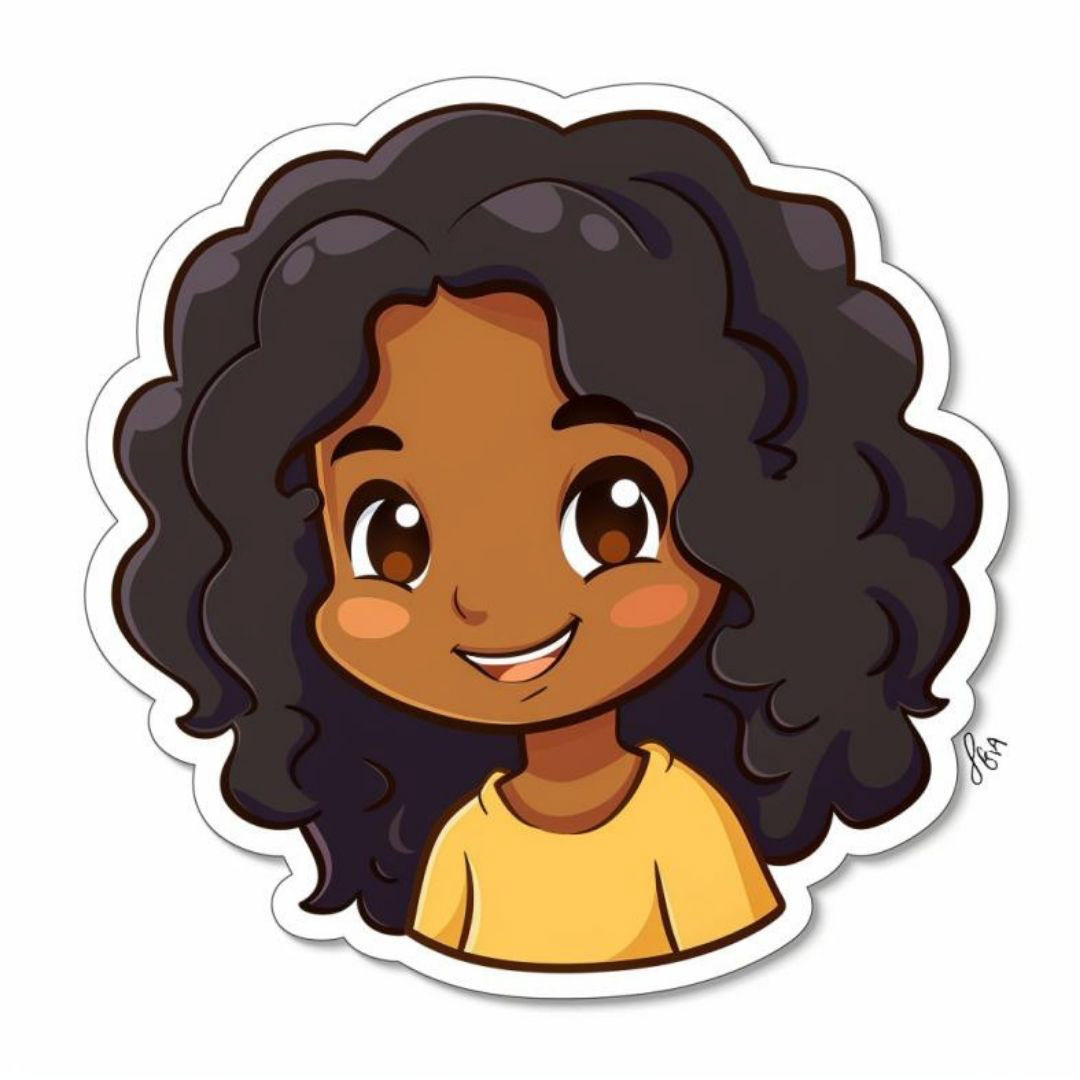 Create a cute cartoon sticker of a smiling chubby black girl in the foreground against a white background. The vector illustration is in a simple and colorful style resembling chibi art with solid color blocks and a clean background. Bright colors and soft lighting are used. The characters have clear contours with no shadows, highlighting their features. This design is suitable for use as an avatar on social media or other online profile pictures. It is in the style of vector illustration with simple and colorful colors resembling chibi art.
