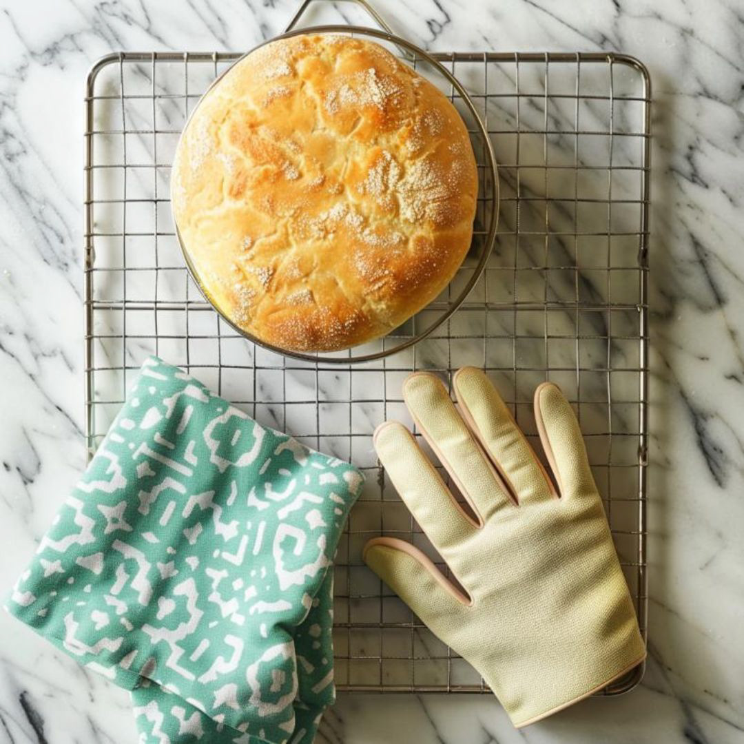 Create artisan bread on a cooling rack with oven gloves beside it, top view.
