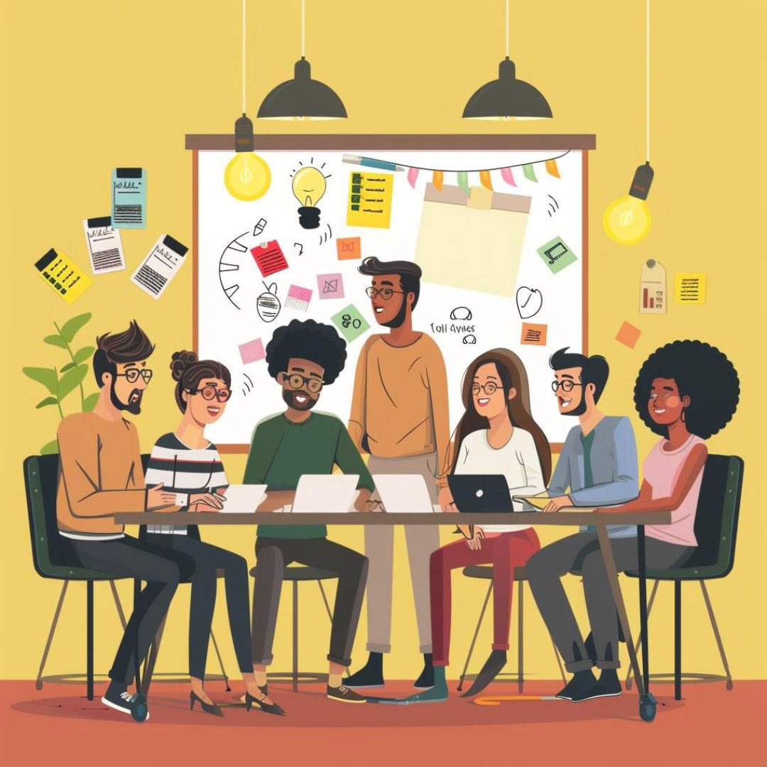 Create a cartoon image of a diverse team of coworkers gathered around a table brainstorming ideas.
