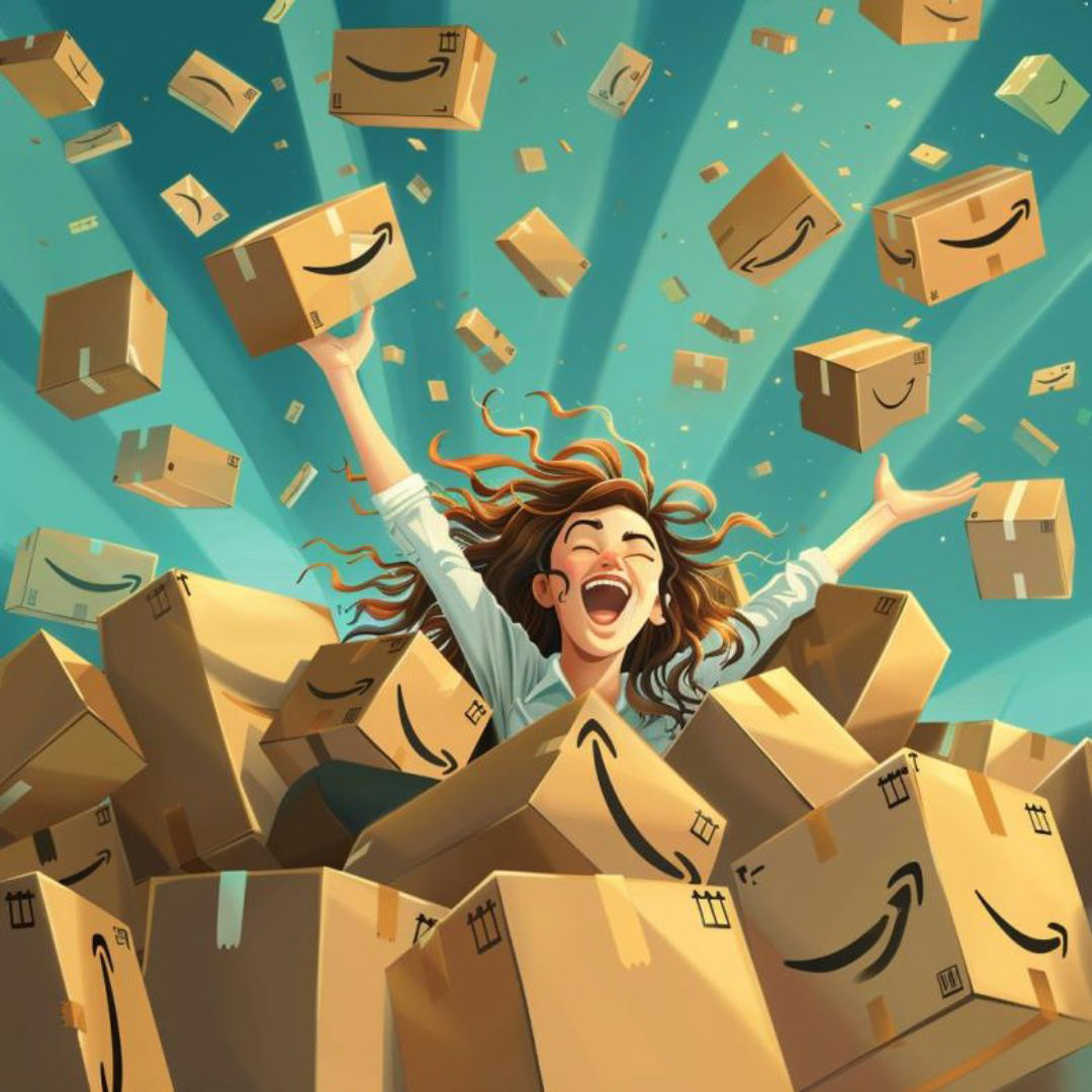 Create a cartoon character of a woman in a big amazon boxes heaven, she looks happy, excited.