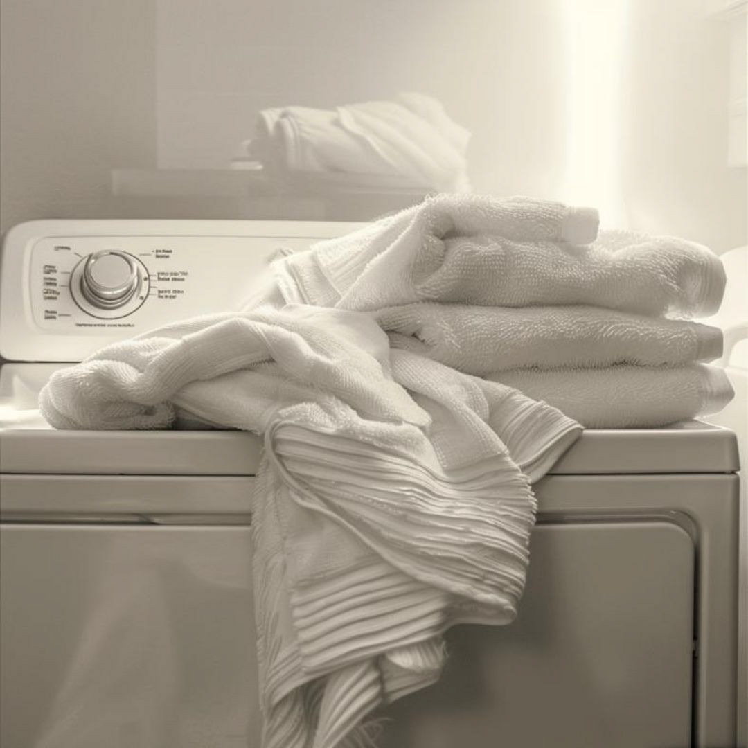 Create a realistic dryer machine, with hot white towels on it, nice lighting, heavenly, close up photography.