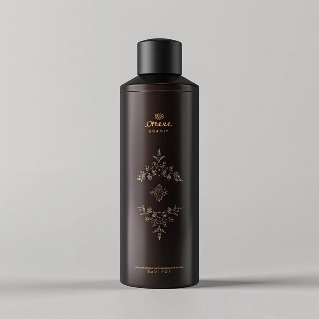Create a design a high-end shampoo packaging label, which is glued to a cylindrical dark brown plastic bottle. The logo and product name are in the color of gold foil.