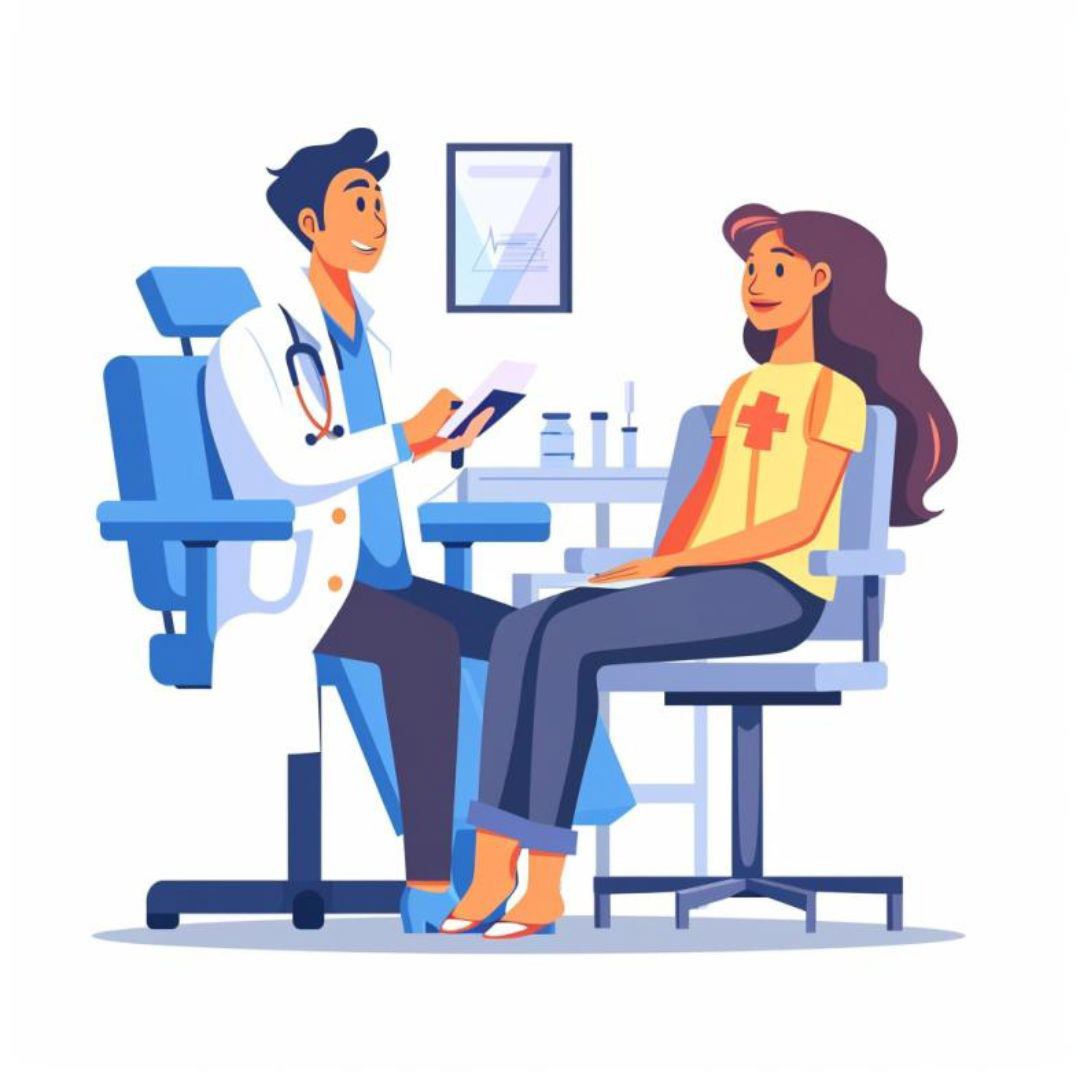 Create a clipart illustration of Doctor is checking the girl in the medical chair. flat style design isolated on white background.